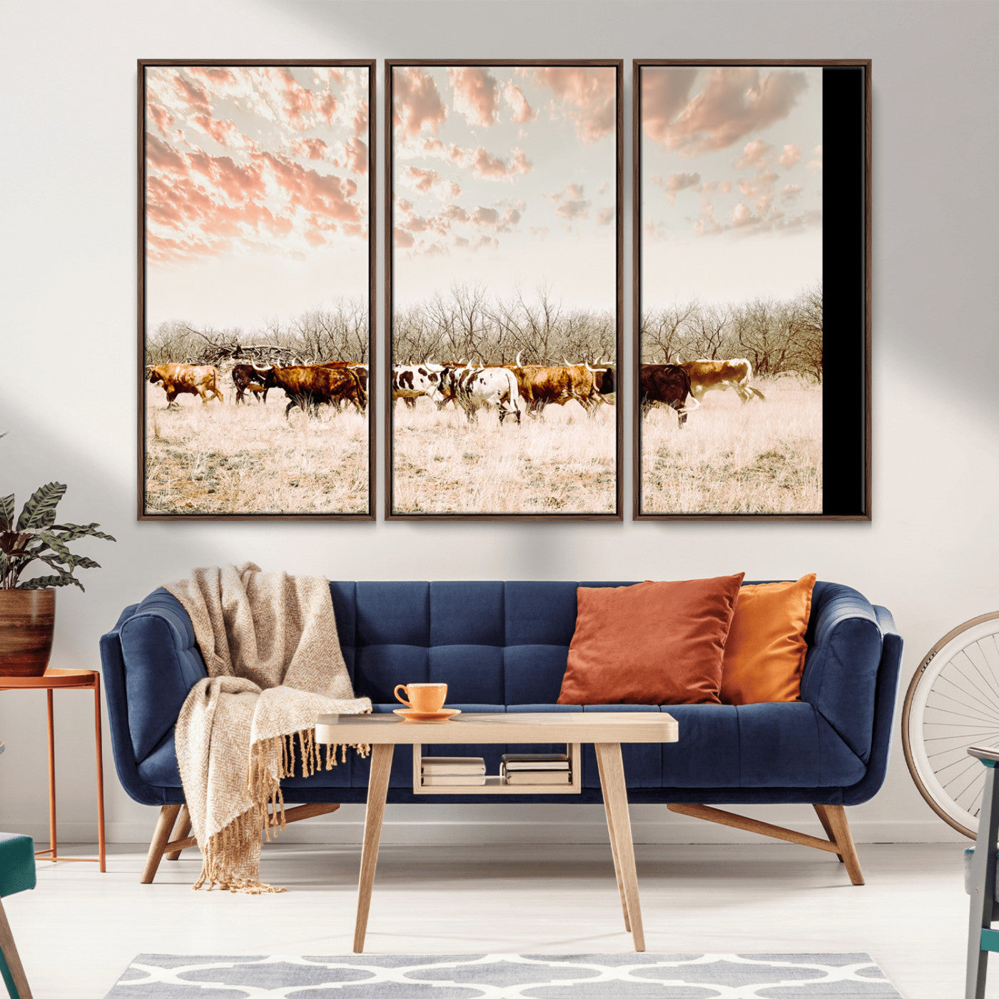 43704663-MGV-CV-36X24-Country Cow Herd Wall Art Canvas Print, Framed Farmhouse Cattle Scene Art Picture Print, Rustic Ranch Decor Perfect Rustic