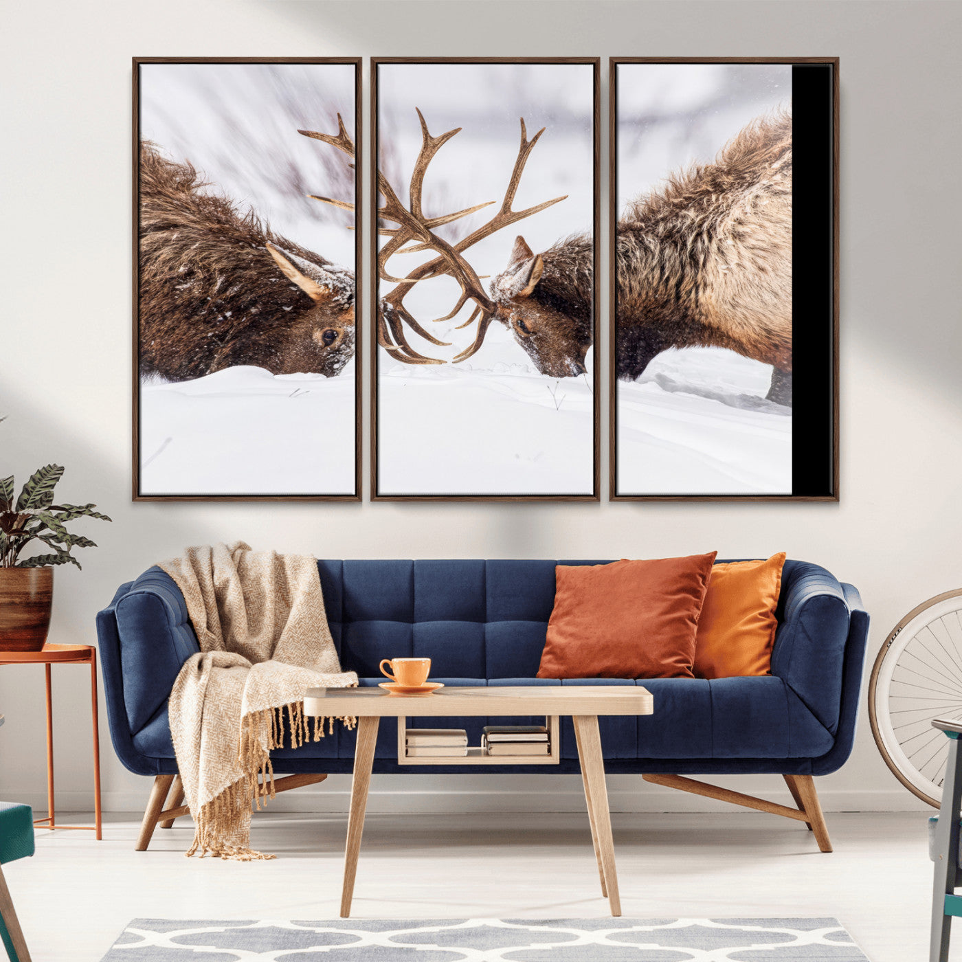 36507609-MGV-CV-36X24-Elk Clash Scene Wall Art Canvas Print, Framed Wildlife Strength Decor Art Picture Print, Snowy Forest Elk Perfect Rustic Lodge