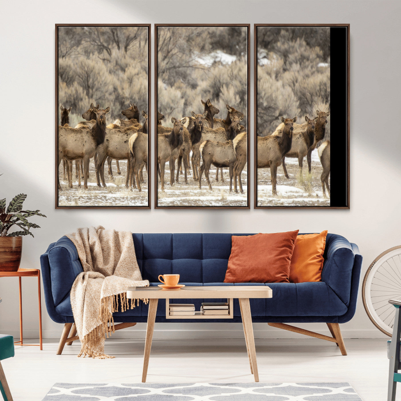 90269422-MGV-CV-36X24-Elk Herd Scene Wall Art Canvas Print, Framed Rustic Wildlife Decor Art Picture Print, Western Cabin Style Perfect Rustic Lodge