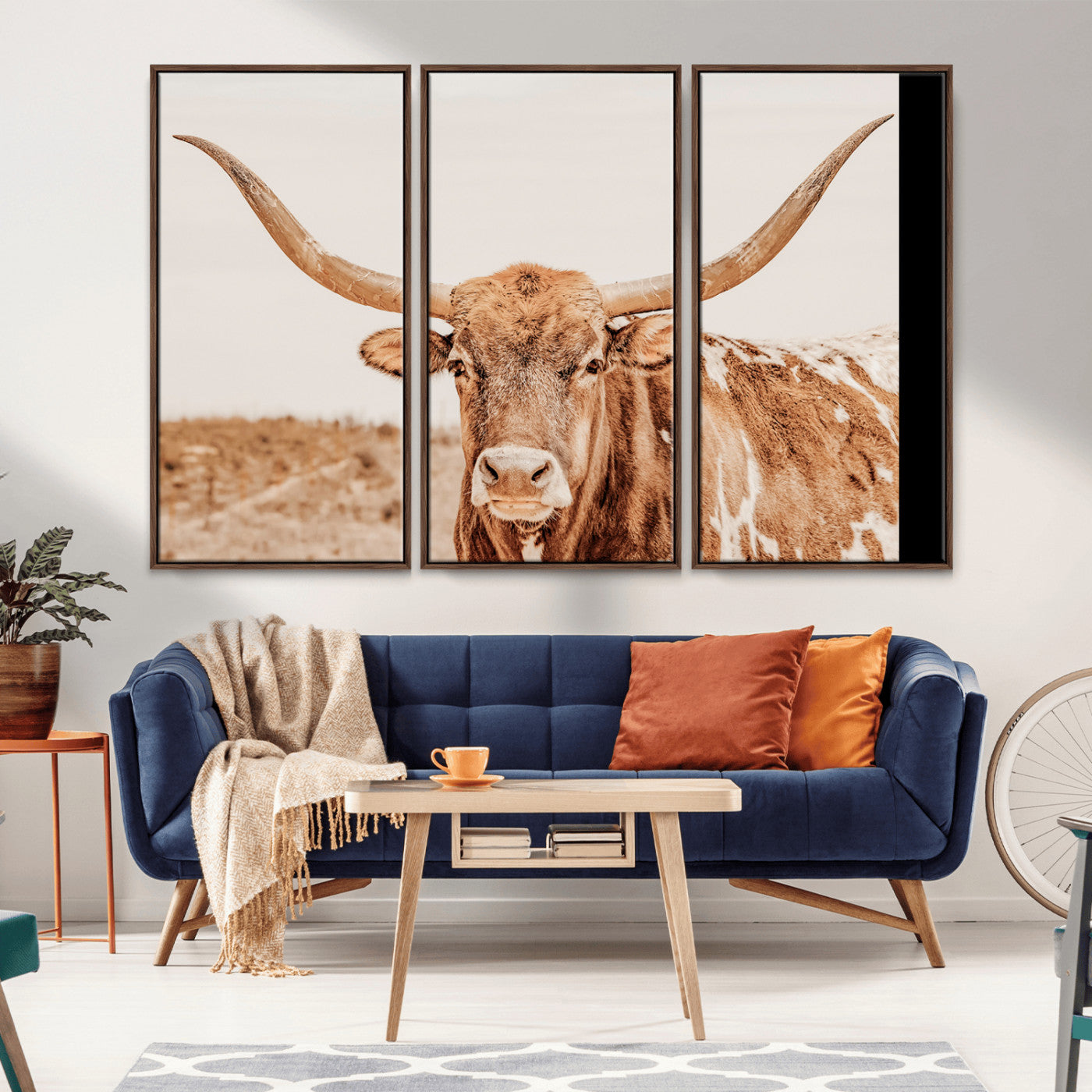 74406977-MGV-CV-36X24-Longhorn Bull Decor Wall Art Canvas Print, Framed Western Cow Theme Art Picture Print, Rustic Farmhouse Wall Perfect Neutral
