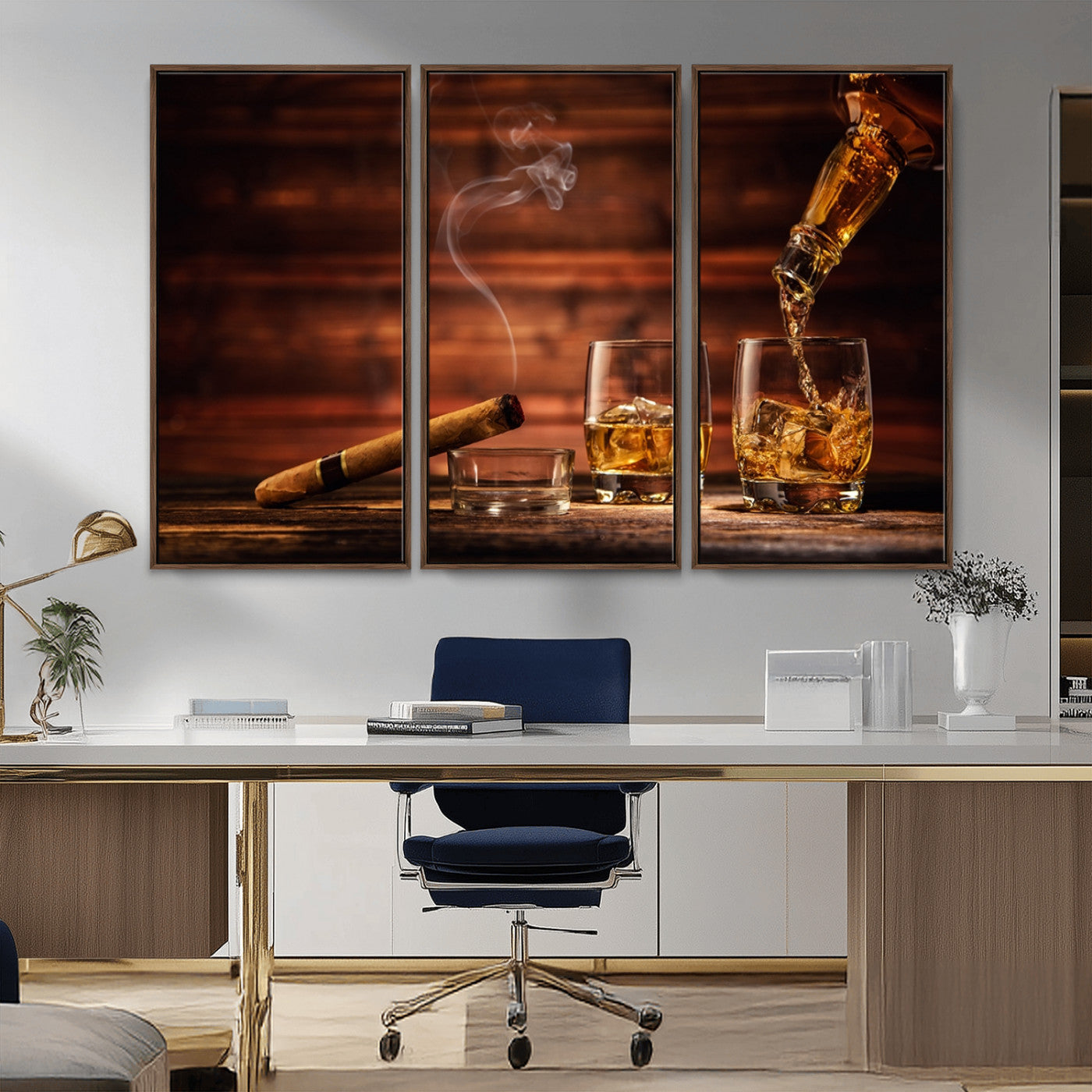 91042-MGV-CV-36X24-Whiskey & Cigar Wall Art – Elegant Whiskey Pour and Smoldering Cigar Canvas Print, Sophisticated Bar or Lounge Decor for Home,