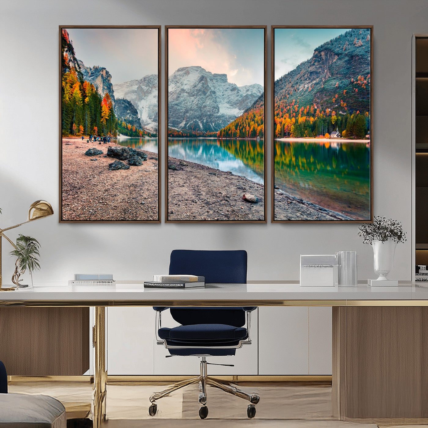 25982-MGV-CV-36X24-Autumn Mountain Lake Wall Art – Panoramic Fall Foliage and Snowy Peaks Canvas Print, Scenic Nature Decor for Living Room or Office