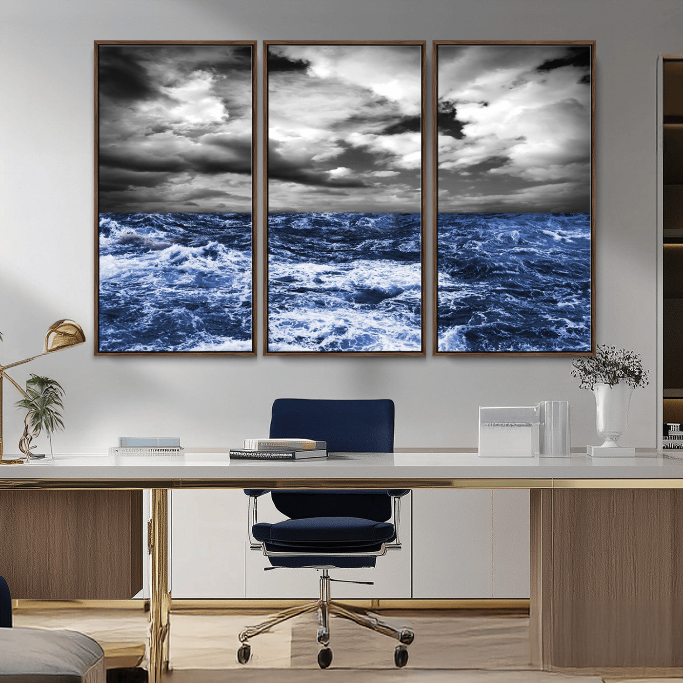 36012-MGV-CV-36X24-Dramatic Stormy Ocean Waves Black and White with Deep Blue Highlights – Moody Seascape Wall Art, Nature Photography Print for Home