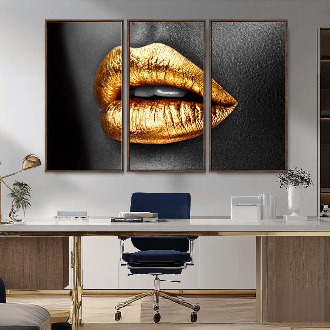 84747-MGV-CV-36X24-Golden Lips Black & White Portrait – Glamorous Metallic Lip Art Print, Modern Wall Decor for Bedroom, Beauty & Fashion Lover Gift