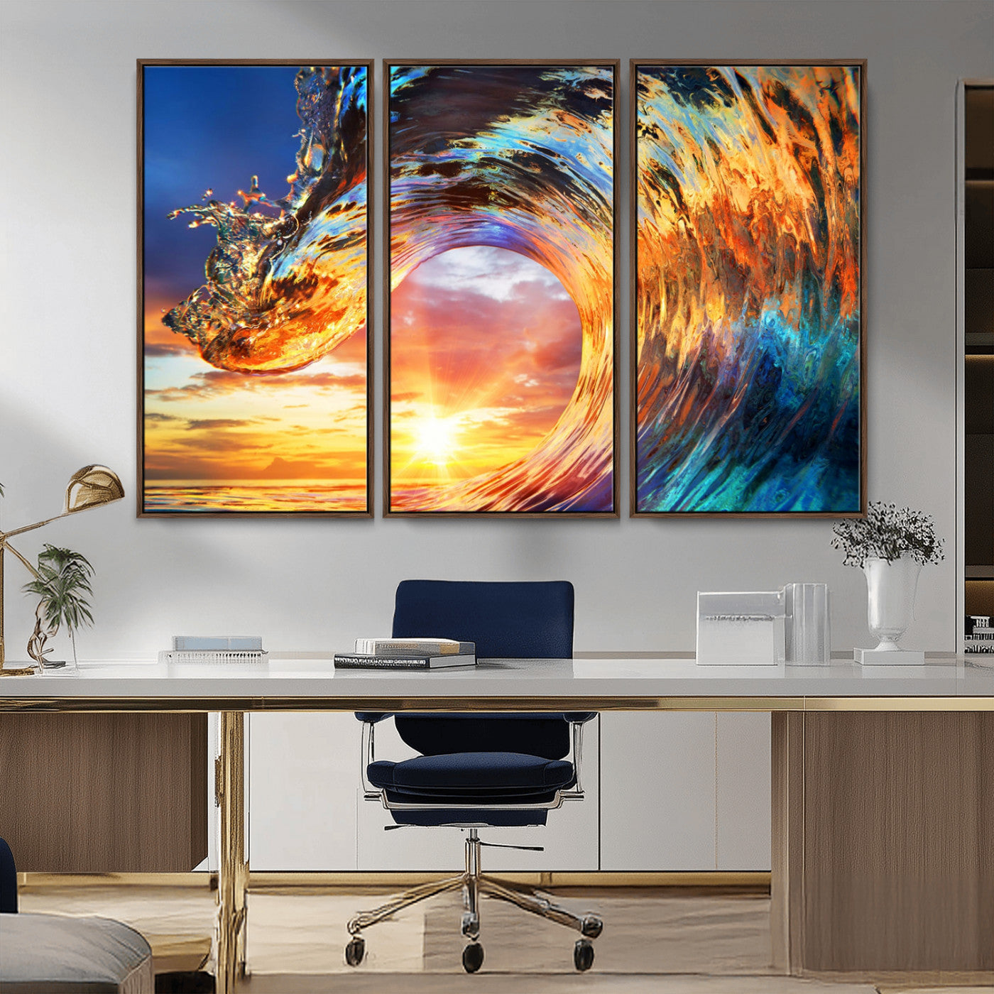 52890-MGV-CV-36X24-Surfing Wave Wall Art Canvas Print, Framed Sunset Ocean Art Picture Print, Ocean Wave Perfect Nautical Decor Artwork