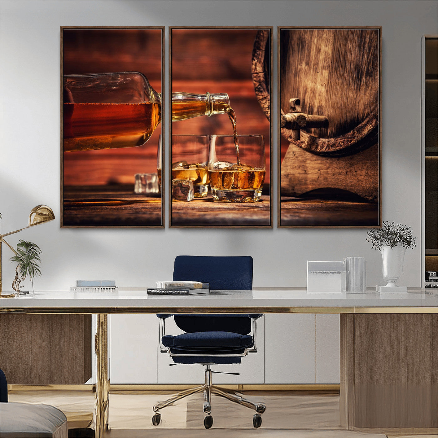 21266-MGV-CV-36X24-Pouring Whiskey into Glasses with Ice – Rustic Wooden Barrel Background, Warm Ambient Lighting, Ideal Decor for Home or Office