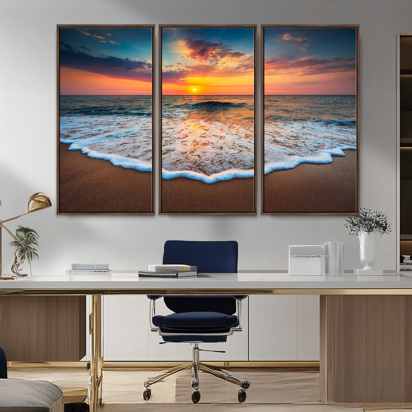 87032-MGV-FC-48X32-3P_Walnut-Ocean Sunset Wall Art – Stunning Beach Canvas Print with Vibrant Sky, Calm Waves, and Golden Horizon, Perfect Coastal Decor for