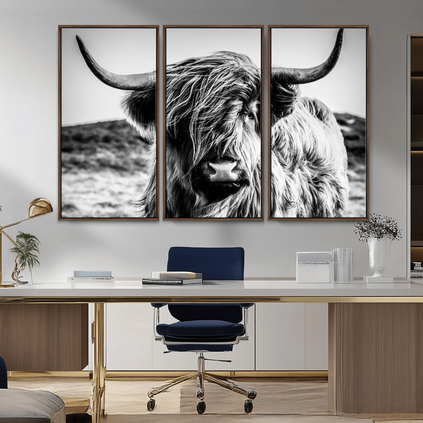 36979-MGV-CV-36X24-Striking black-and-white portrait of a Highland cow with flowing fur and majestic horns, perfect for rustic and elegant home or
