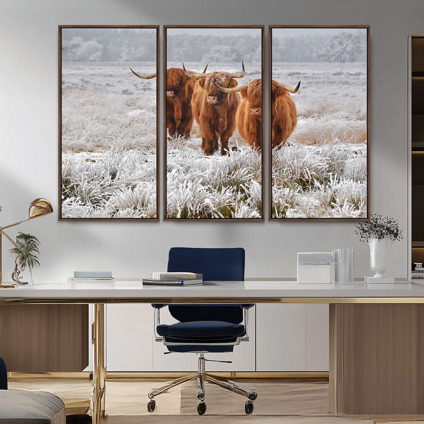 10396-MGV-CV-36X24-Highland Cattle Wall Art – Rustic Winter Landscape Canvas Print, Farmhouse Decor for Living Room, Office, Cabin or Country Home