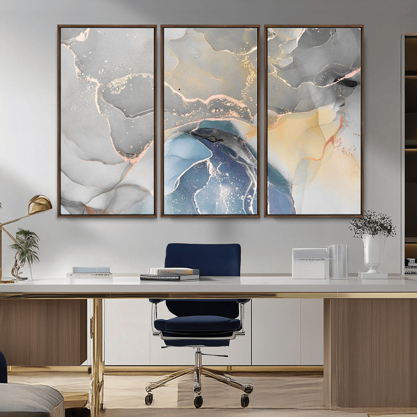 63211-MGV-CV-36X24-Abstract Fluid Art Wall Decor – Blue, Gray & Gold Canvas Print, Modern Home and Office Wall Art Decor for Living Room, Bedroom or