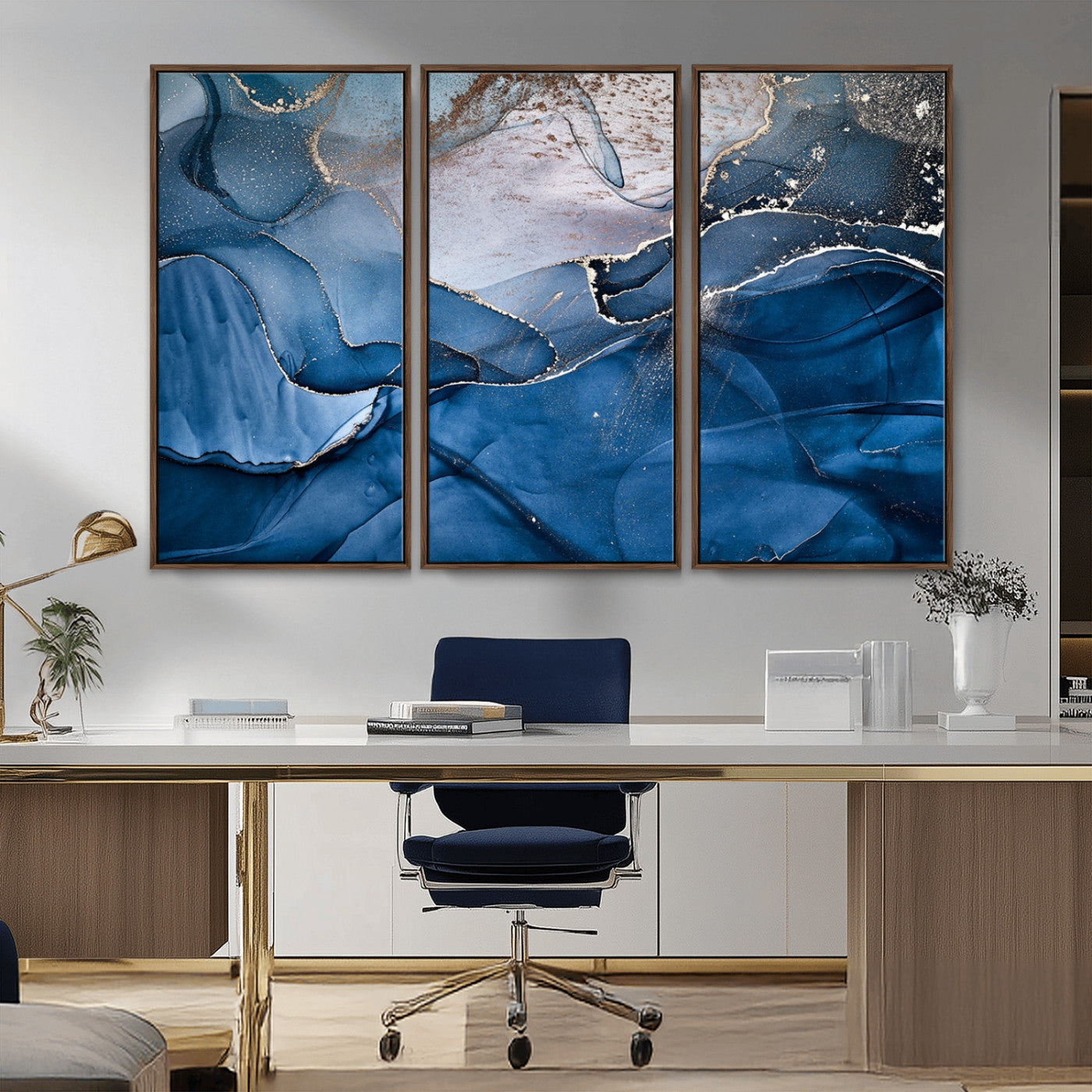 27810-MGV-FC-48X32-3P_Walnut-Abstract Blue Gold Fluid Art Wall – Modern Canvas Print, Elegant Home & Office Wall Art, Stylish Living Room or Bedroom Decor