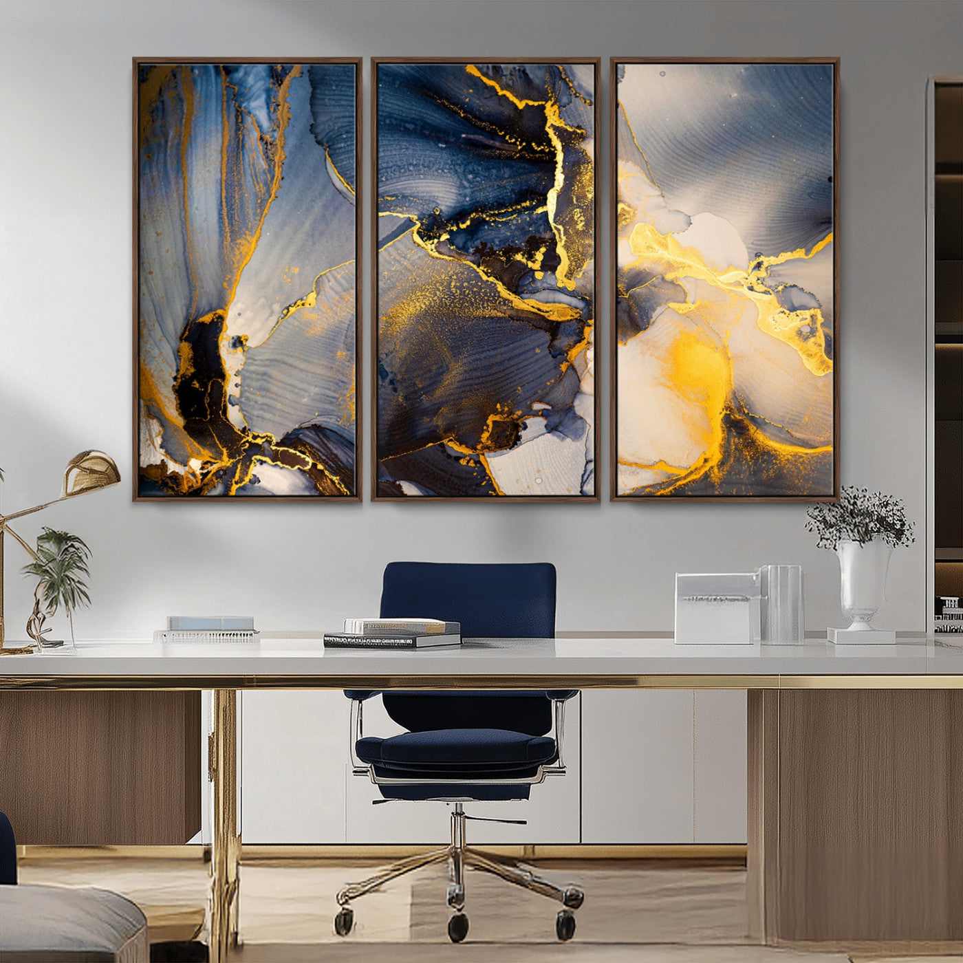 42100-MGV-CV-36X24-Golden Flow Abstract Wall Art – Panoramic Modern Blue and Gold Canvas Print, Contemporary Artistic Decor for Home, Office