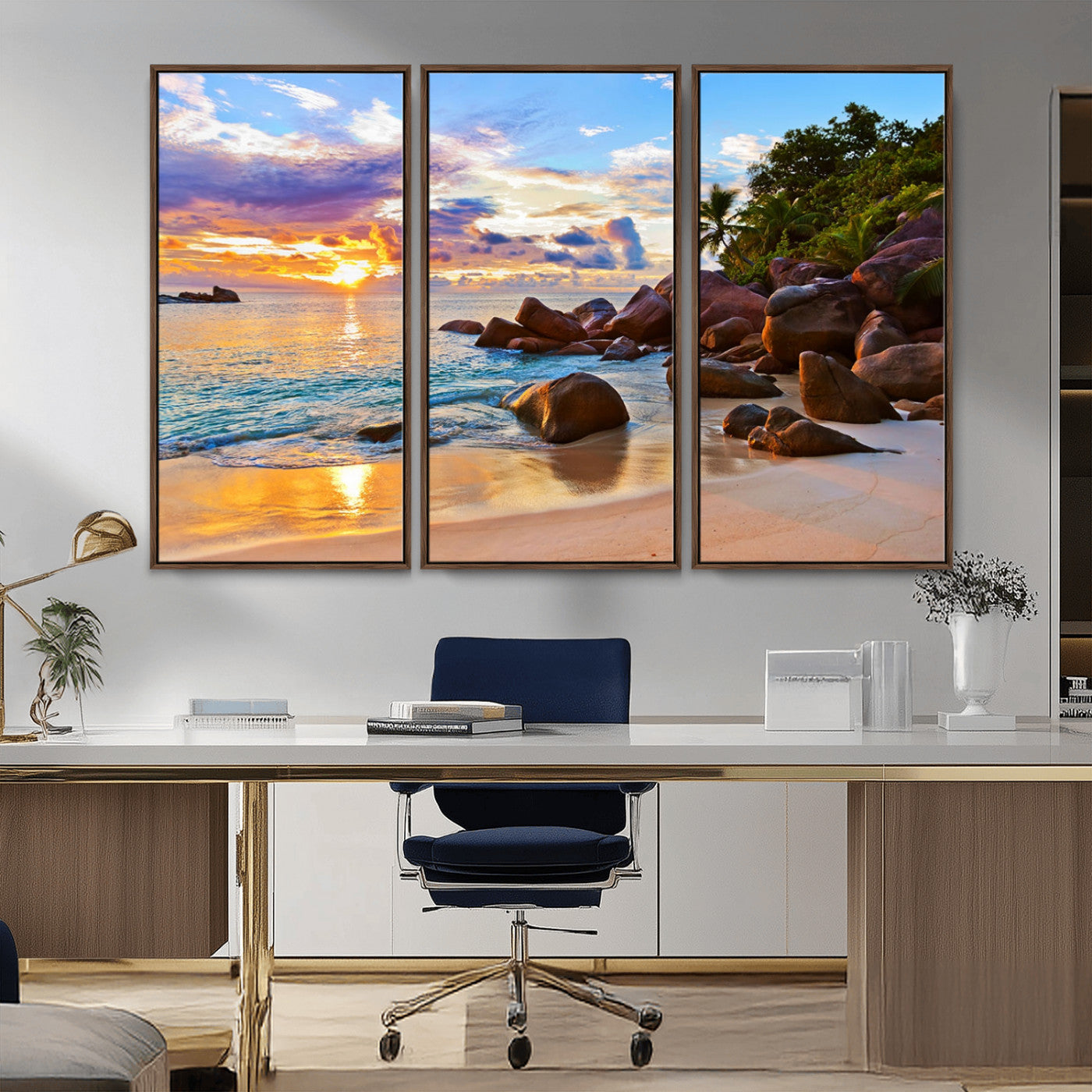 43209-MGV-CV-36X24-Tropical Beach Sunset Wall Art – Golden Ocean Waves and Palm Trees with Rocky Shore Canvas Print, Coastal Seascape Decor for