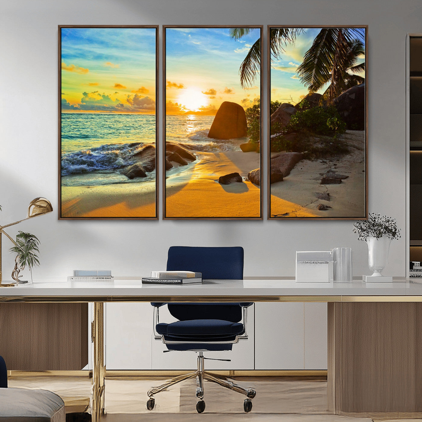 26181-MGV-CV-36X24-Golden Tropical Sunset Beach Wall Art – Ocean Canvas Print with Palm Trees and Rocks, Coastal Paradise Decor for Living Room or