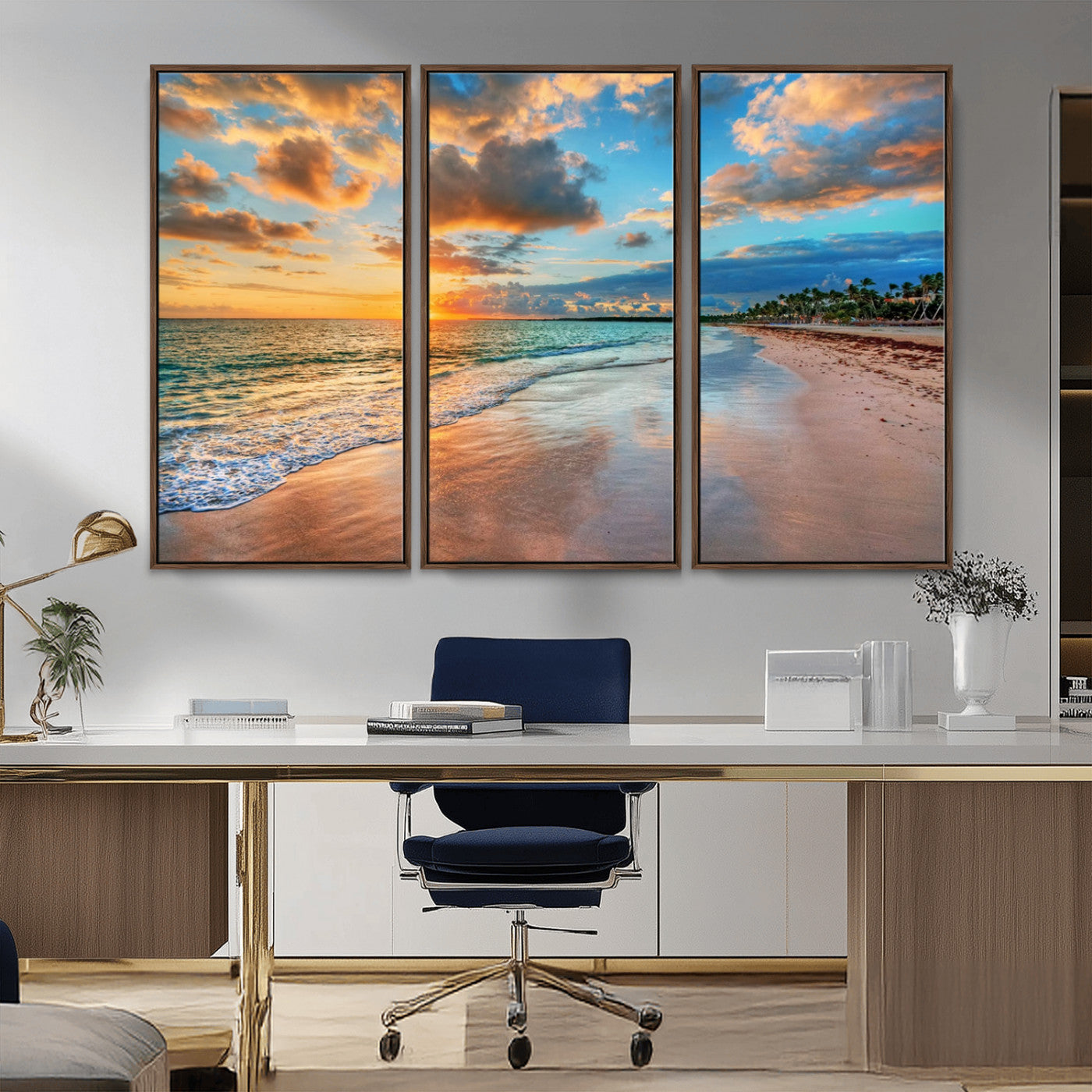 41572-MGV-CV-36X24-Sunset Beach Wall Art – Ocean Waves and Palm Trees Canvas Print, Tropical Coastal Sunset Seascape Decor for Living Room, Bedroom