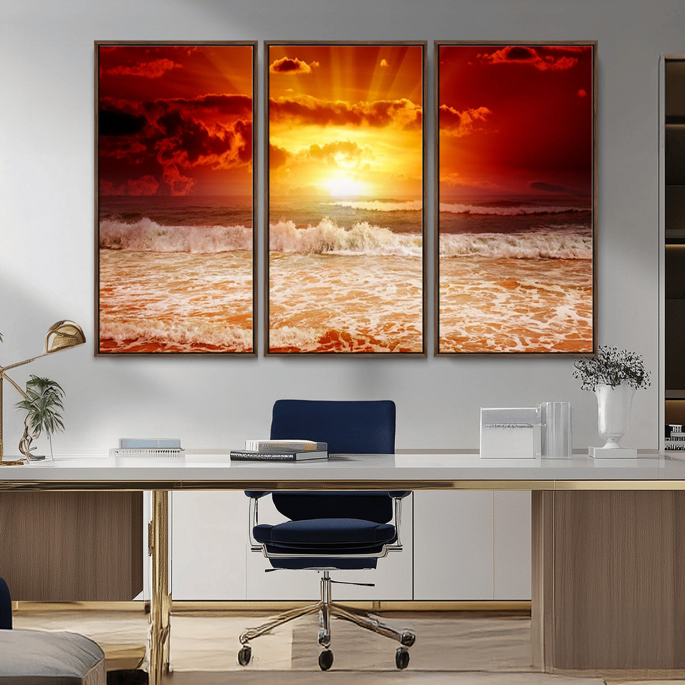 60211-MGV-CV-36X24-Fiery Sunset Ocean Waves Canvas Print – Vibrant Red & Orange Coastal Wall Art, Dramatic Seascape Decor