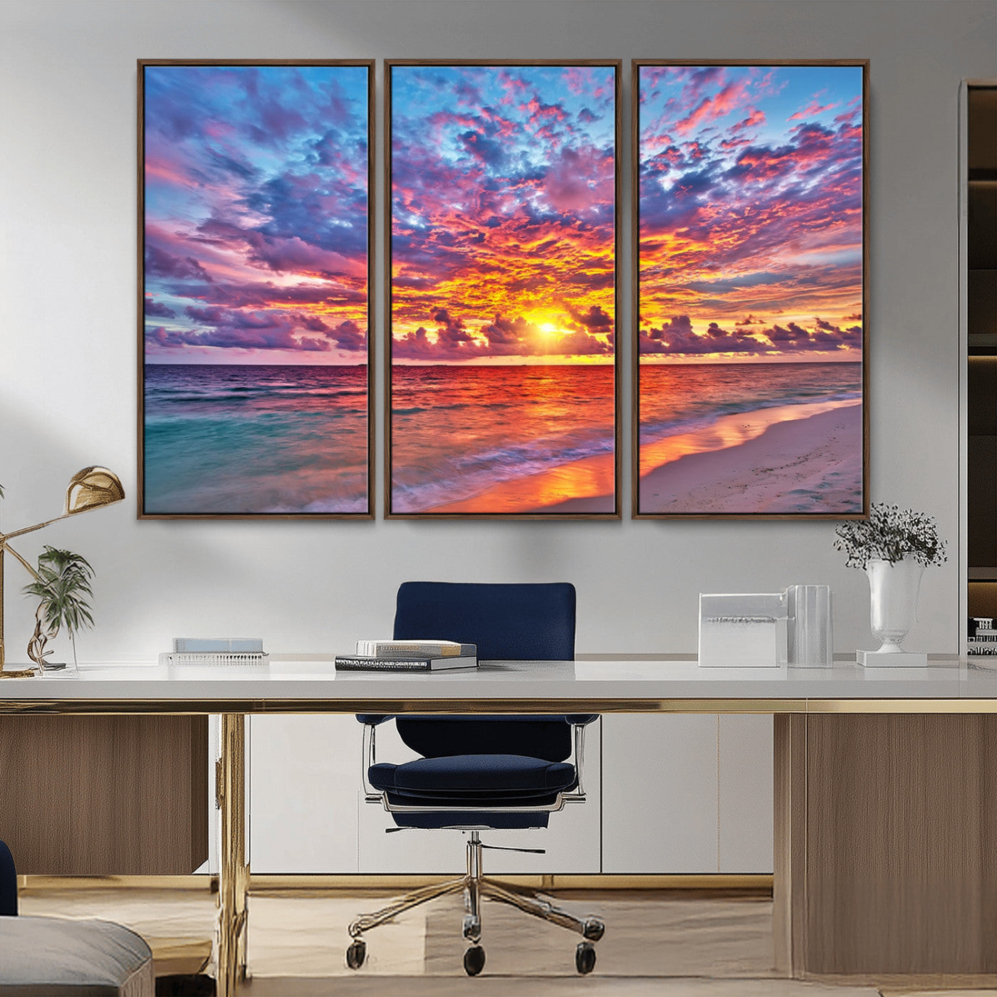 72836-MGV-CV-36X24-Fiery Sunset Beach Wall Art – Panoramic Vibrant Ocean Canvas Print, Dramatic Coastal Decor for Living Room, Bedroom or Office