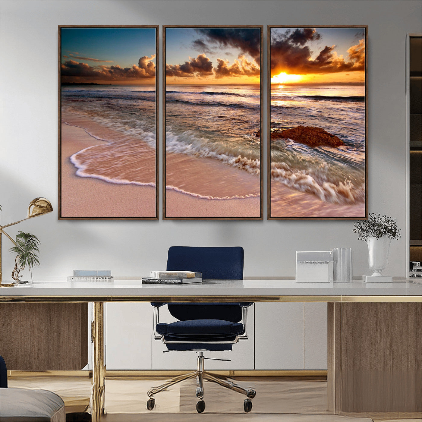 80979-MGV-CV-36X24-Golden Sunrise Beach Wall Art – Ocean Waves and Sandy Shore Canvas Print, Coastal Sunset Photography Artwork for Living Room,