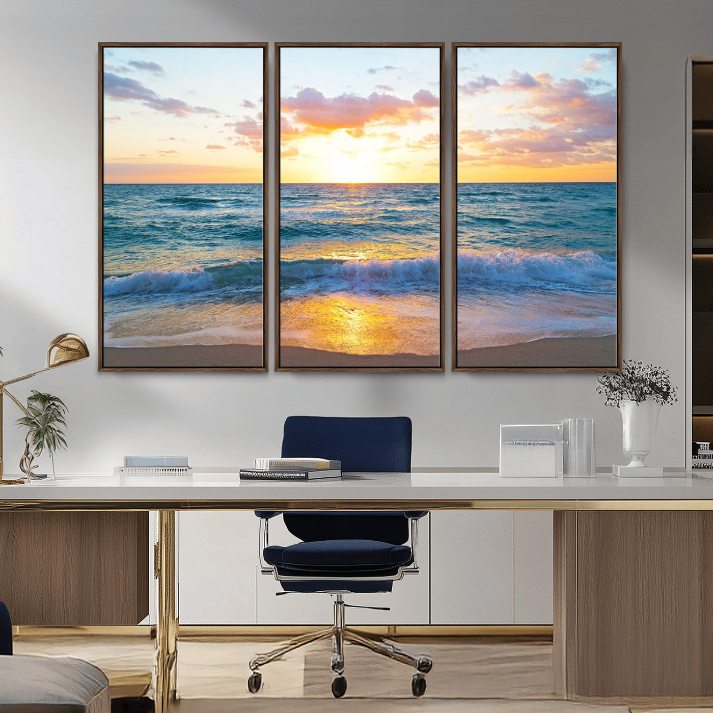 78006-MGV-CV-36X24-Golden Sunrise Ocean Wall Art – Panoramic Beach Waves Canvas Print, Coastal Seascape Artwork for Living Room, Bedroom, Office, or