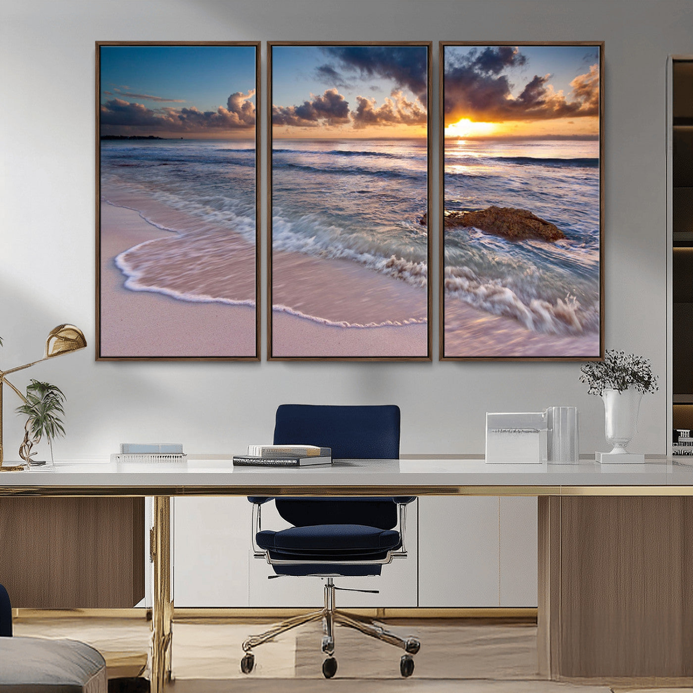 94906-MGV-CV-36X24-Sunrise Beach Wall Art – Panoramic Ocean Waves Canvas Print, Coastal Sunset Seascape Artwork for Living Room, Bedroom, or Office