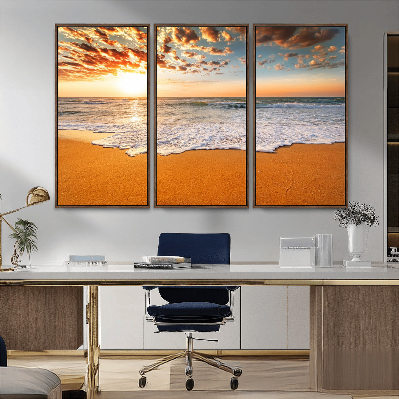15399-MGV-CV-36X24-Golden Sunrise Beach Wall Art – Ocean Waves on Sandy Shore Canvas Print, Coastal Seascape Decor for Living Room or Bedroom