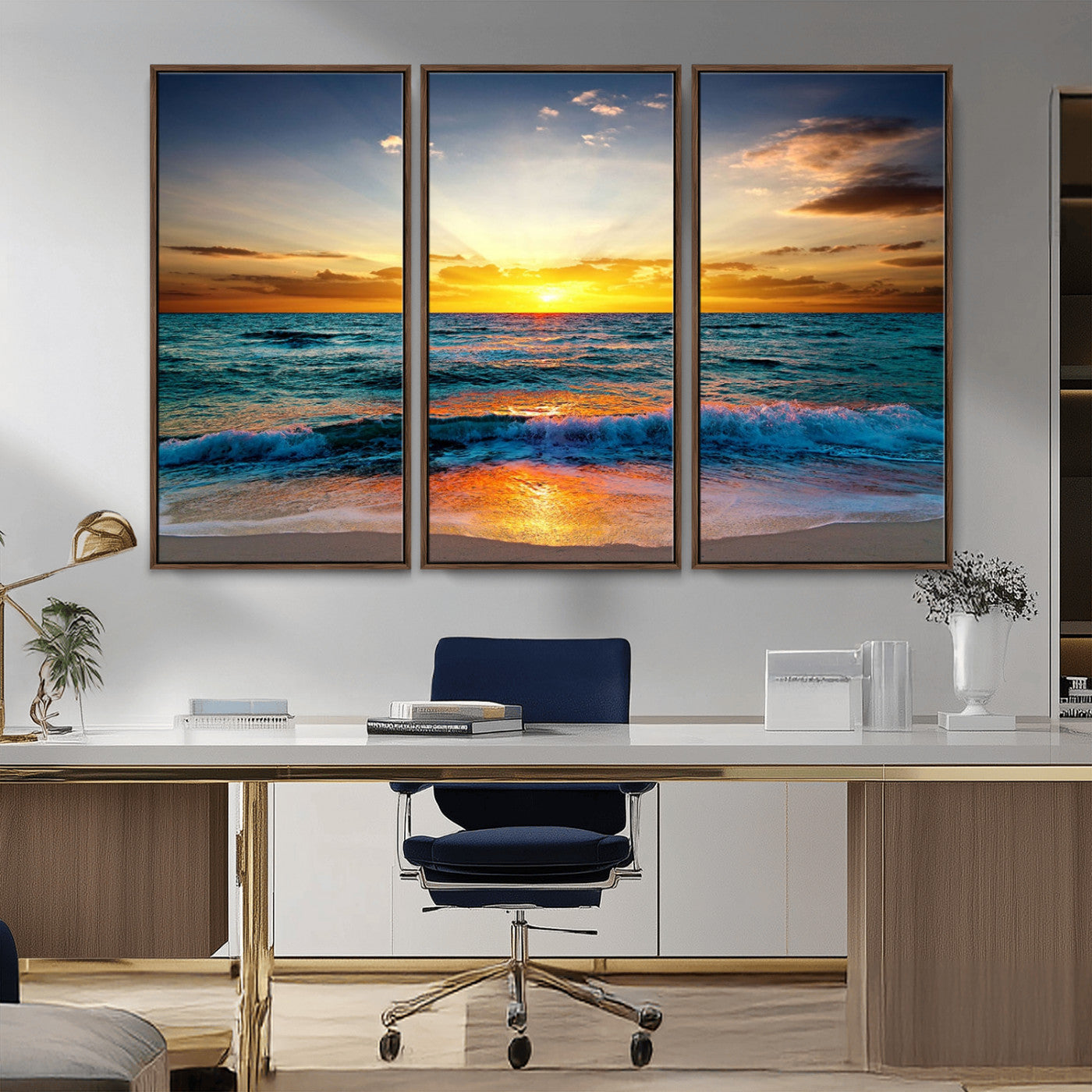 50627-MGV-CV-36X24-Ocean Sunset Wall Art – Serene Beach Canvas Print with Waves and Golden Sky, Coastal Decor for Living Room or Office