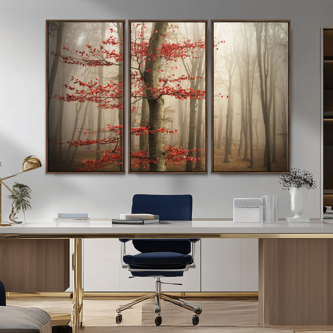 61855-MGV-CV-36X24-Misty Forest Wall Art – Red Tree with Autumn Leaves Canvas Print, Moody Woodland Nature Decor for Living Room, Bedroom, or Office