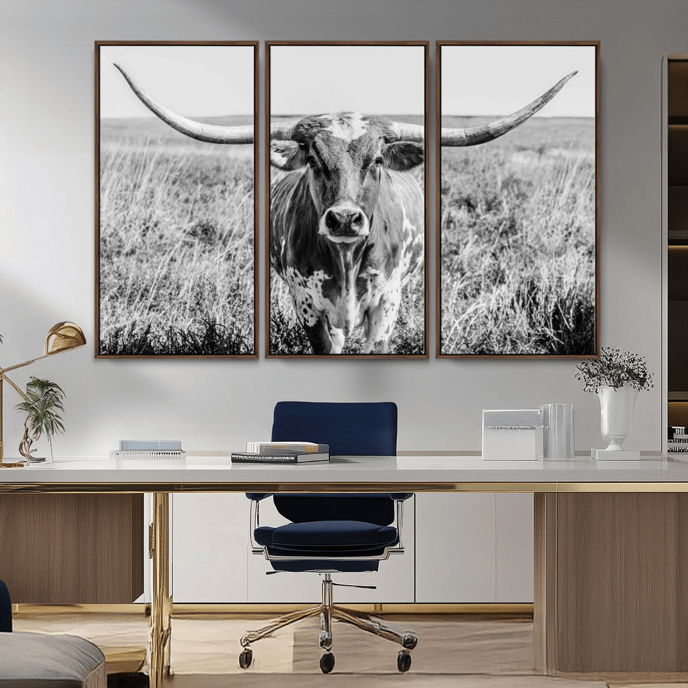 77320-MGV-CV-36X24-Texas Longhorn Wall Art – Black and White Western Cattle Canvas Print, Rustic Farmhouse Animal Photography Decor for Living Room,