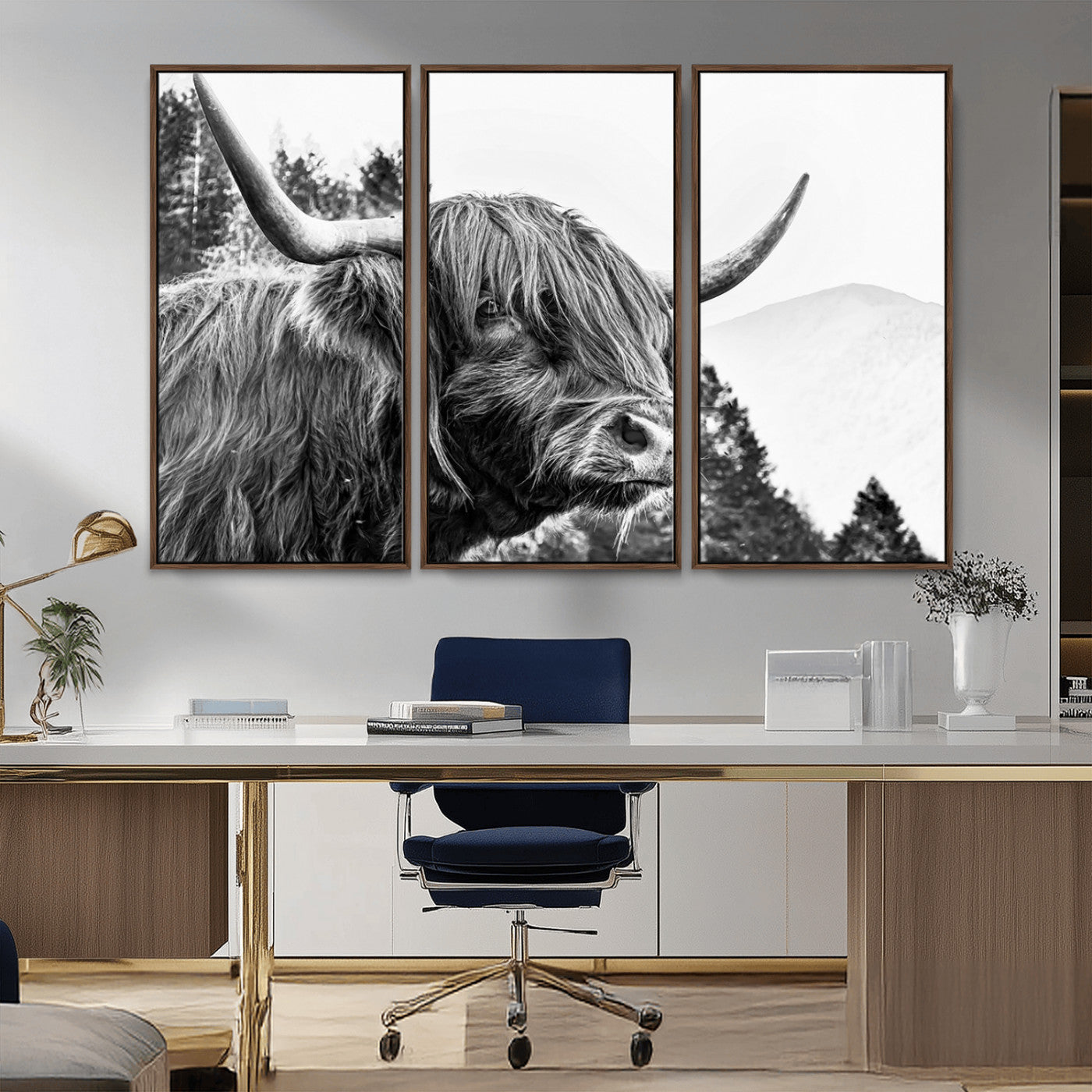 61570-MGV-CV-36X24-Highland Cow Wall Art – Black and White Scottish Bull Canvas Print, Rustic Farmhouse Animal Decor for Living Room, Bedroom, or