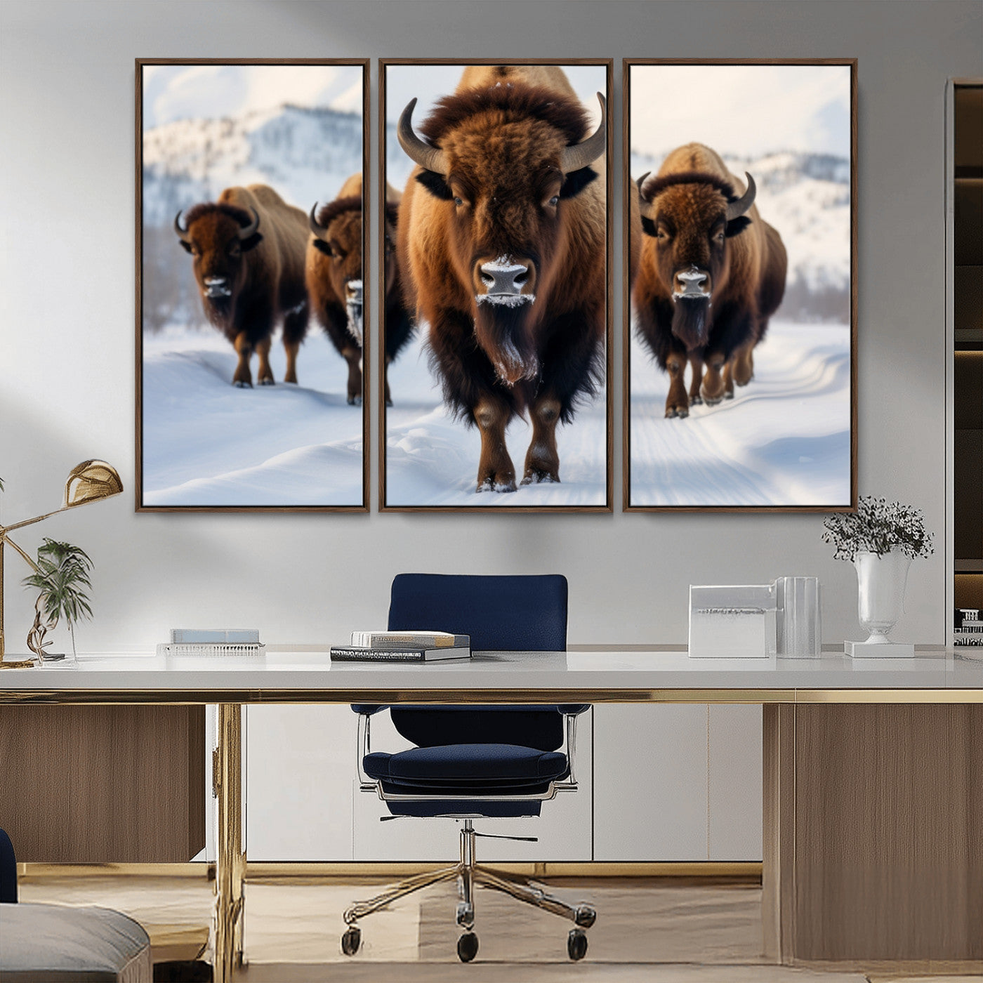 56701-MGV-CV-36X24-Bison Herd Wall Art – Buffalo Walking in Snowy Mountains Canvas Print, Rustic Wildlife Decor for Cabin, Lodge, or Living Room