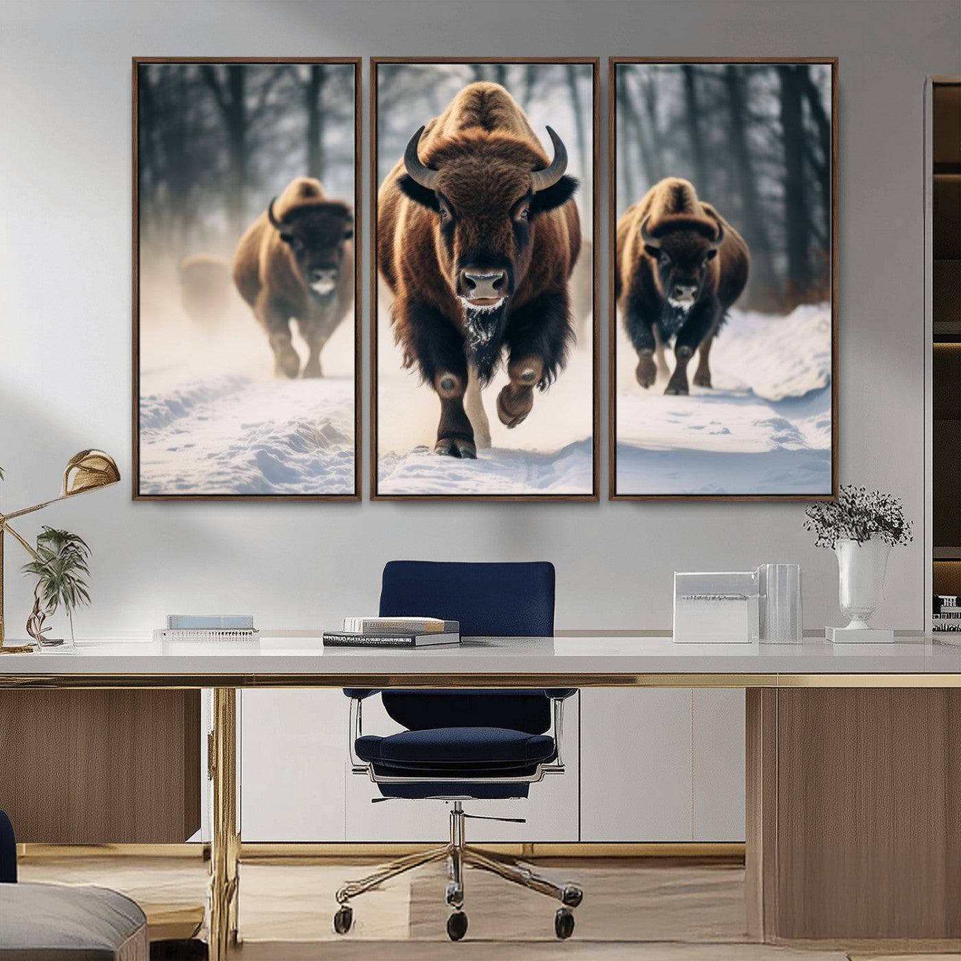 56549-MGV-CV-36X24-Wild Bison Wall Art – Majestic Buffalo Herd Running in Snow Canvas Print, Rustic Wildlife Photography Decor for Cabin, Lodge, or