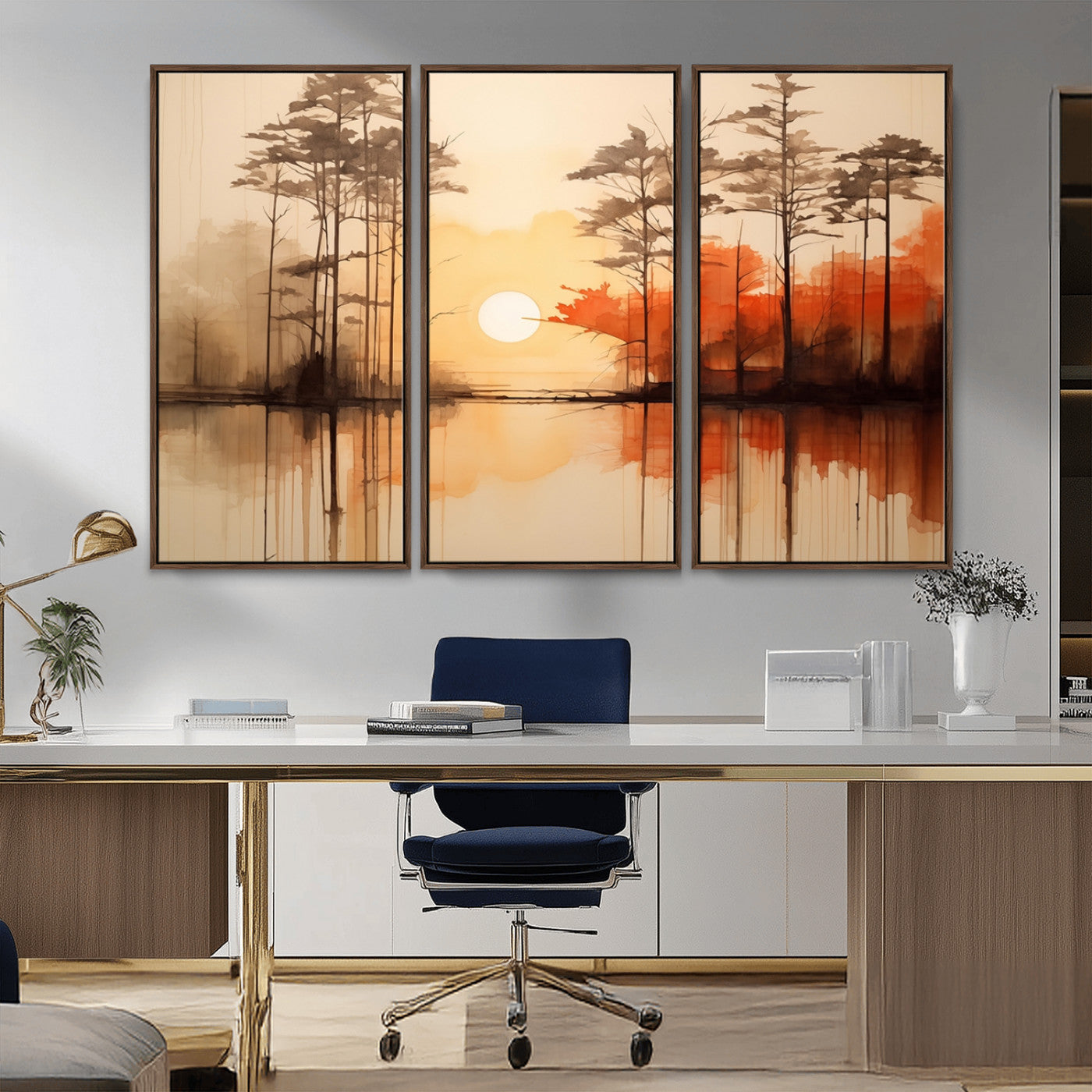 51083-MGV-FC-48X32-3P_Walnut-Sunset Lake Forest Wall Art – Serene Trees and Orange Sky Reflection Canvas Print, Tranquil Nature Decor for Living Room, Office