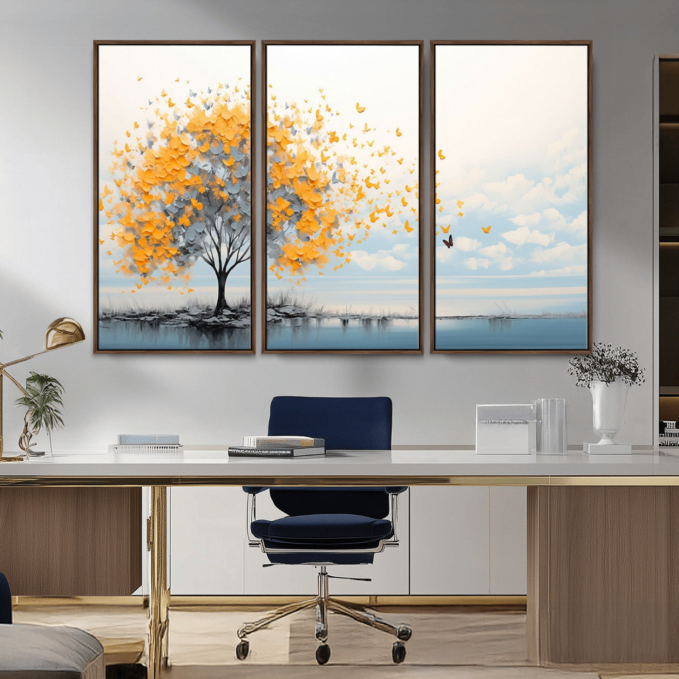 23385-MGV-CV-36X24-Golden Butterfly Tree Wall Art – Abstract Yellow and Gray Canvas Print, Modern Nature Artwork for Living Room, Bedroom or Office