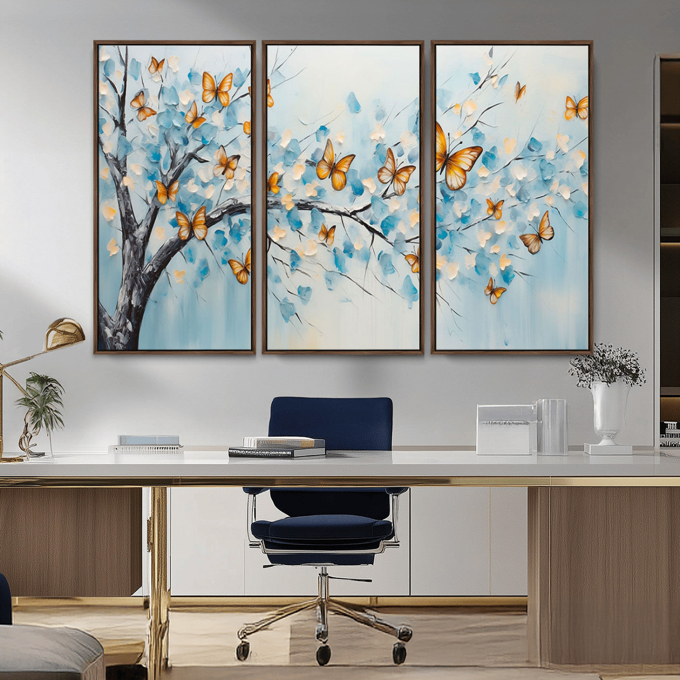 59455-MGV-CV-36X24-Butterfly Tree Branch Wall Art – Blue and Yellow Abstract Canvas Print, Modern Nature Artwork for Living Room, Bedroom or Office