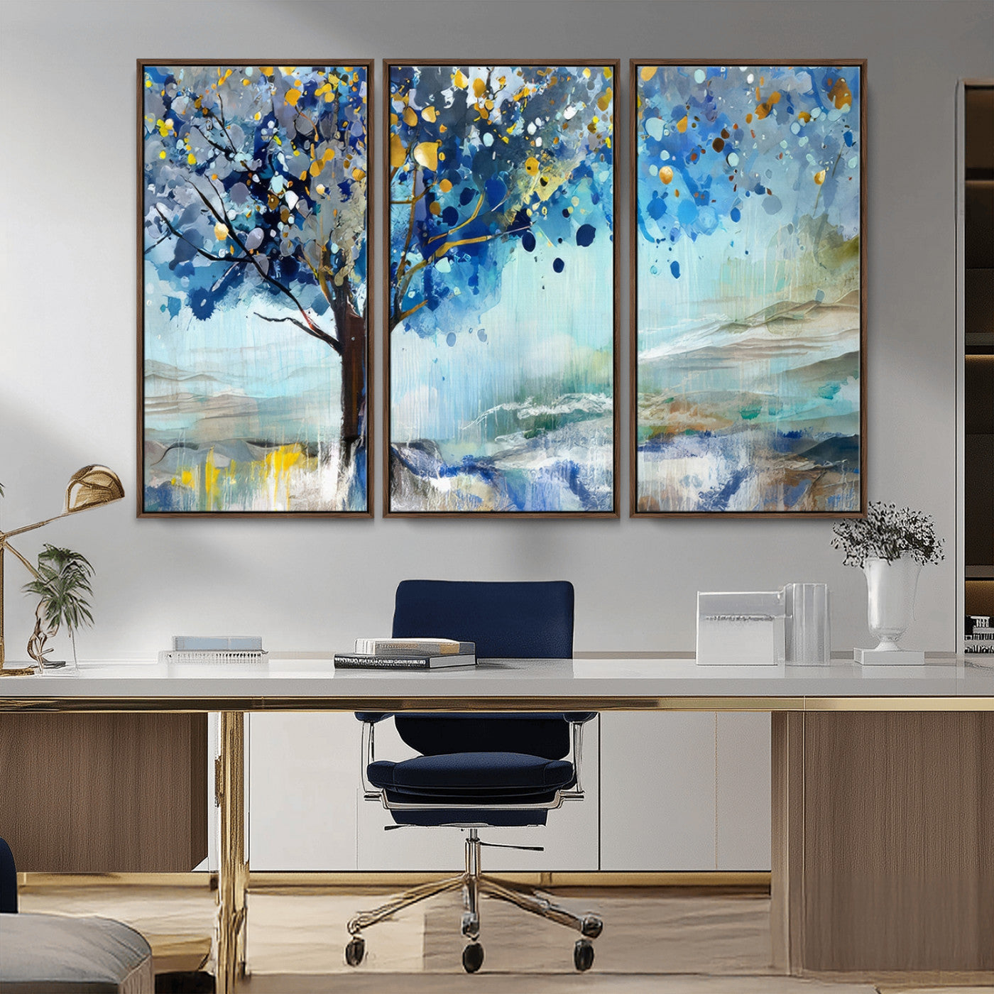 17018-MGV-CV-36X24-Abstract Blue Tree Wall Art – Colorful Canvas Painting with Gold and Silver Accents, Modern Nature Artwork for Living Room,