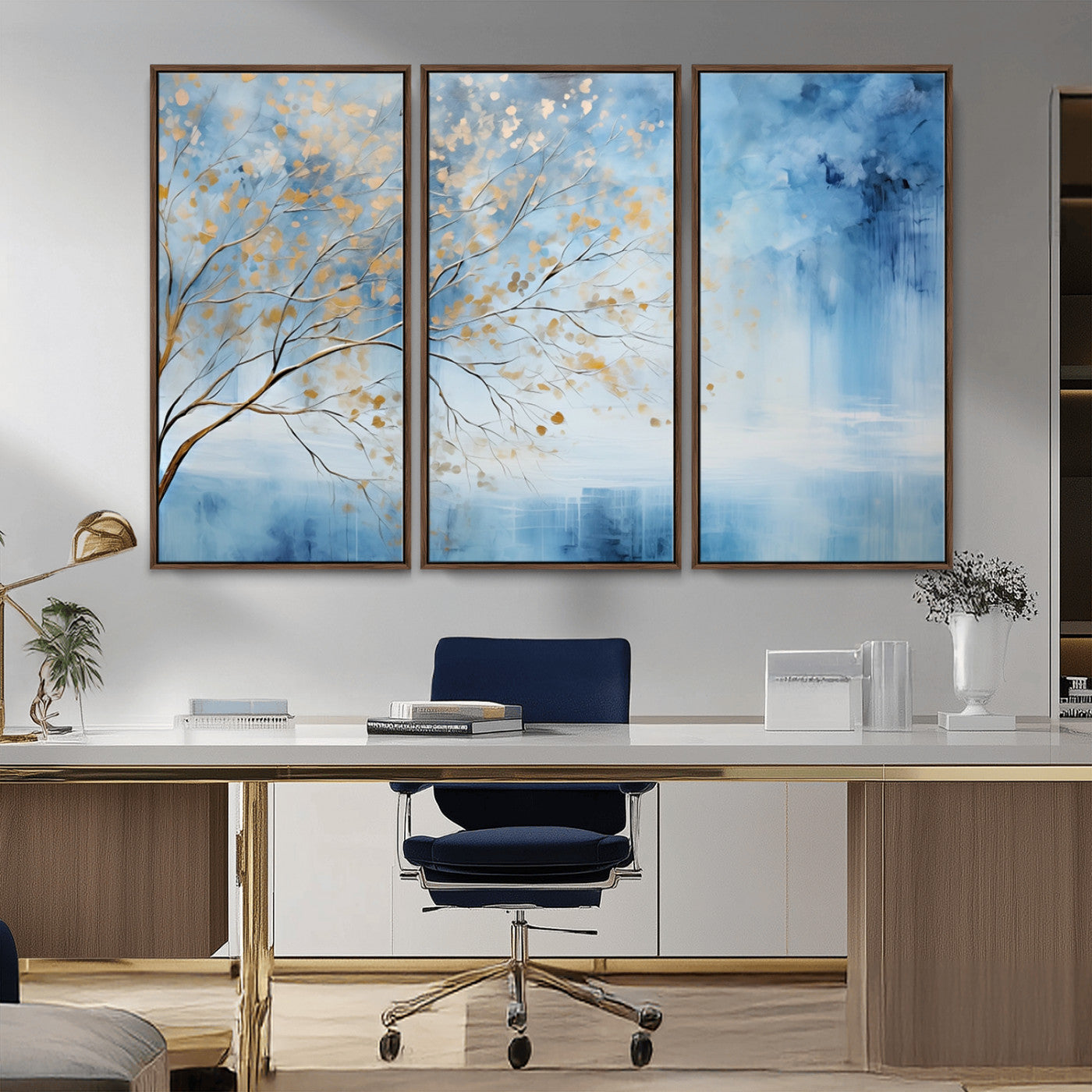 23891-MGV-CV-36X24-Abstract Tree Wall Art – Minimalist Blue and Gold Canvas Painting, Elegant Nature-Inspired Artwork for Living Room, Bedroom or