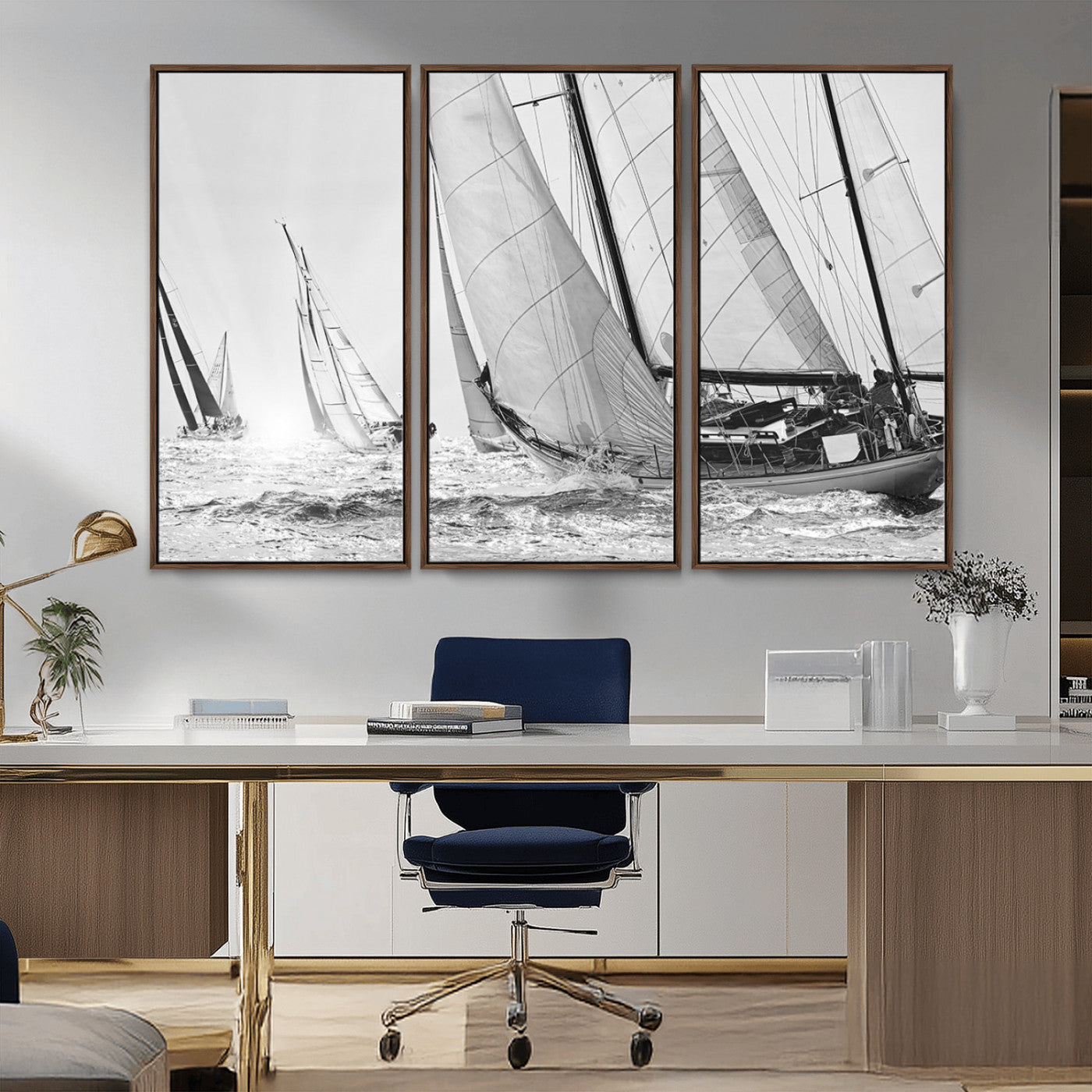Boat-1-MGV-CV-36X24-Sailboat Racing Wall Art – Nautical Black and White Canvas Print, Ocean Adventure Decor for Office, Living Room or Bedroom