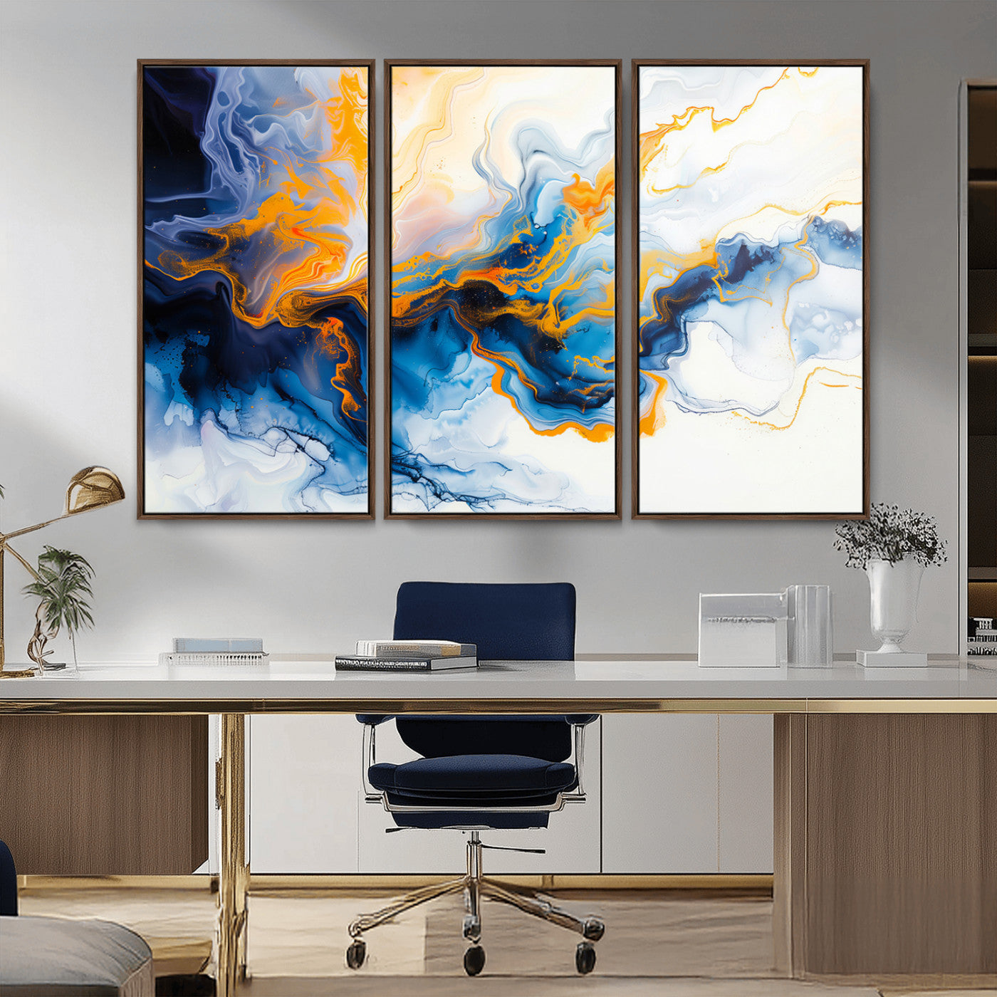 83720-MGV-CV-36X24-Abstract Fluid Wall Art – Blue, White and Gold Swirl Canvas Painting, Modern Contemporary Artwork for Living Room, Bedroom or