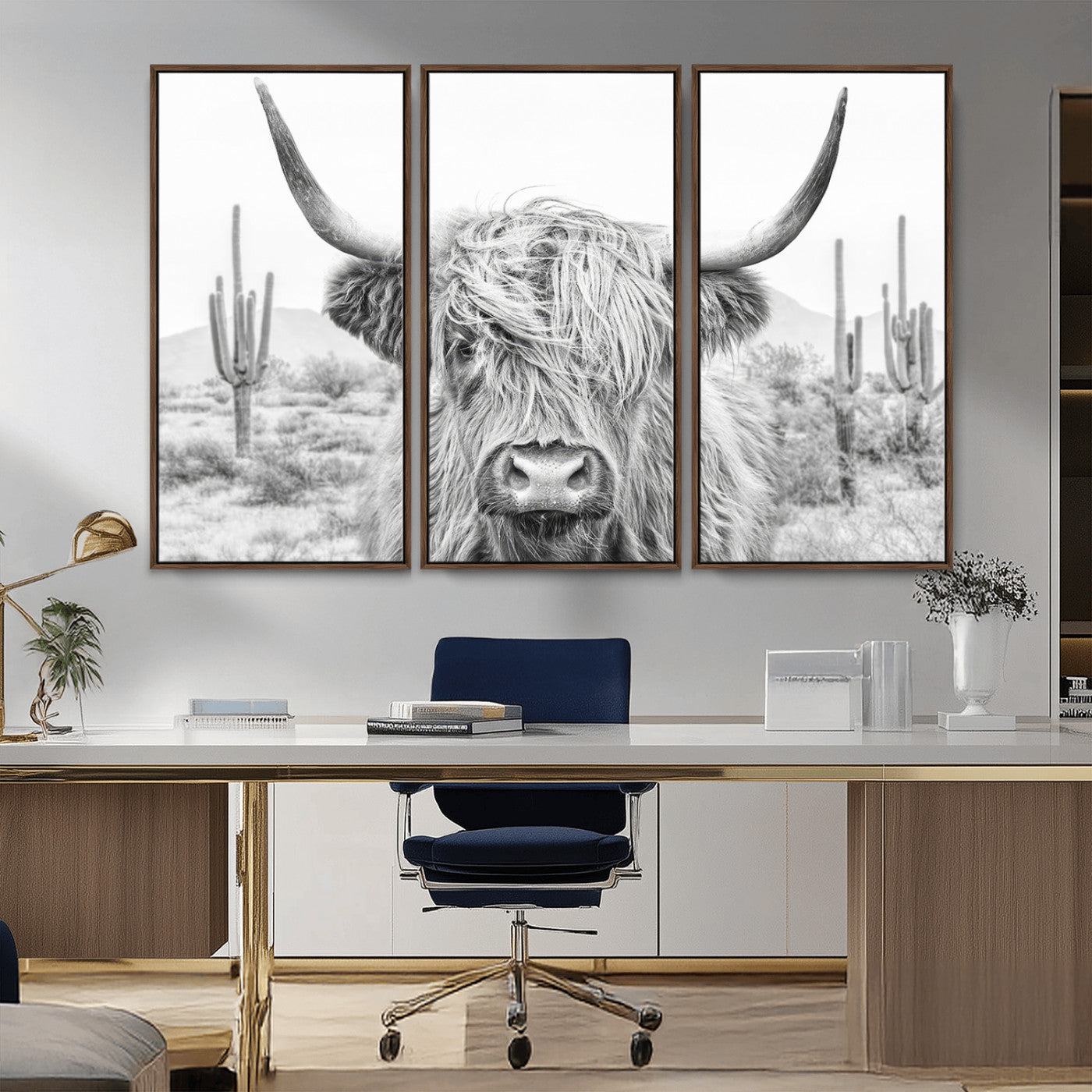 94579-MGV-FC-48X32-3P_Walnut-Highland Cow Wall Art – Black and White Longhorn Canvas Print, Rustic Western Farmhouse Animal Photography for Living Room,