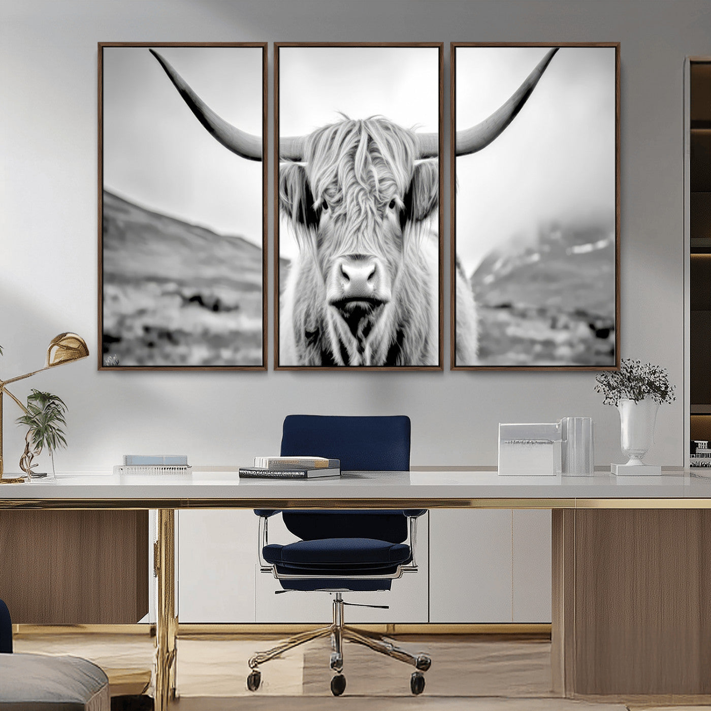 80564-MGV-CV-36X24-Highland Cow Wall Art – Black and White Scottish Highland Canvas Print, Rustic Farmhouse Decor for Living Room, Bedroom or Office