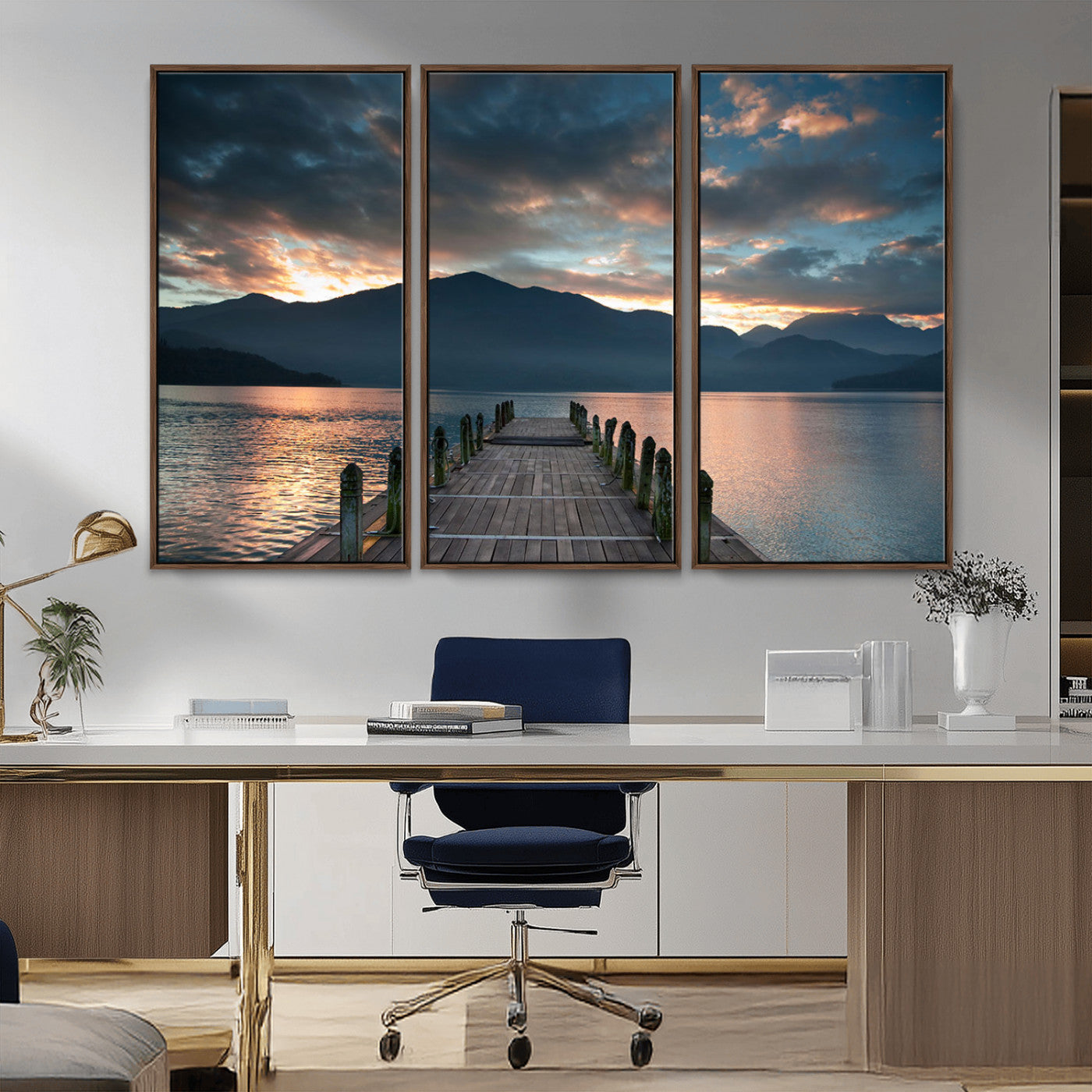 20442-MGV-CV-36X24-Lakeside Sunset Dock Wall Art – Peaceful Mountain Lake Canvas Print, Serene Nature Landscape Decor for Living Room, Bedroom or