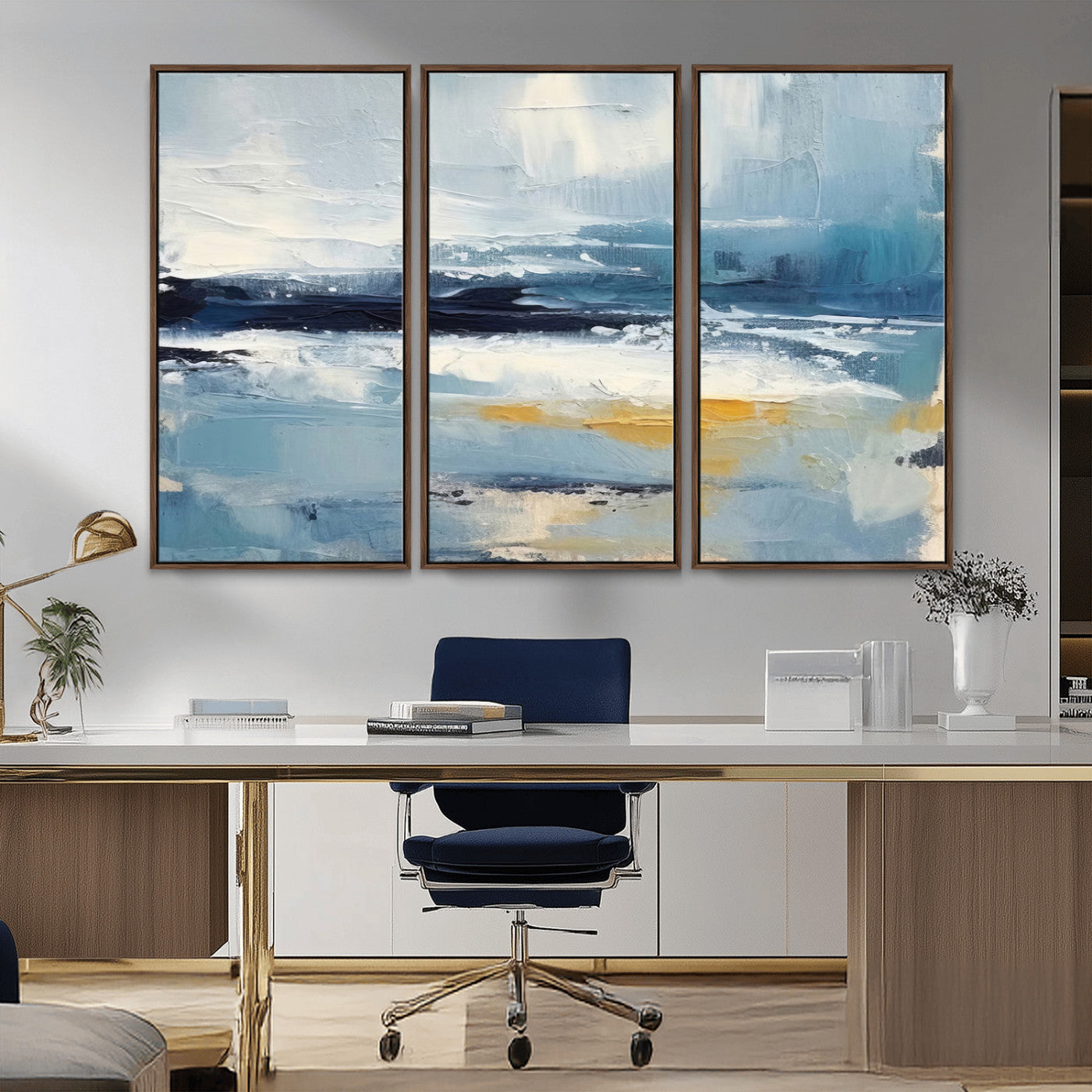 19746-MGV-CV-36X24-Abstract Ocean Wall Art – Modern Coastal Canvas Print with Blue, White and Gold Textures, Contemporary Seascape Painting for