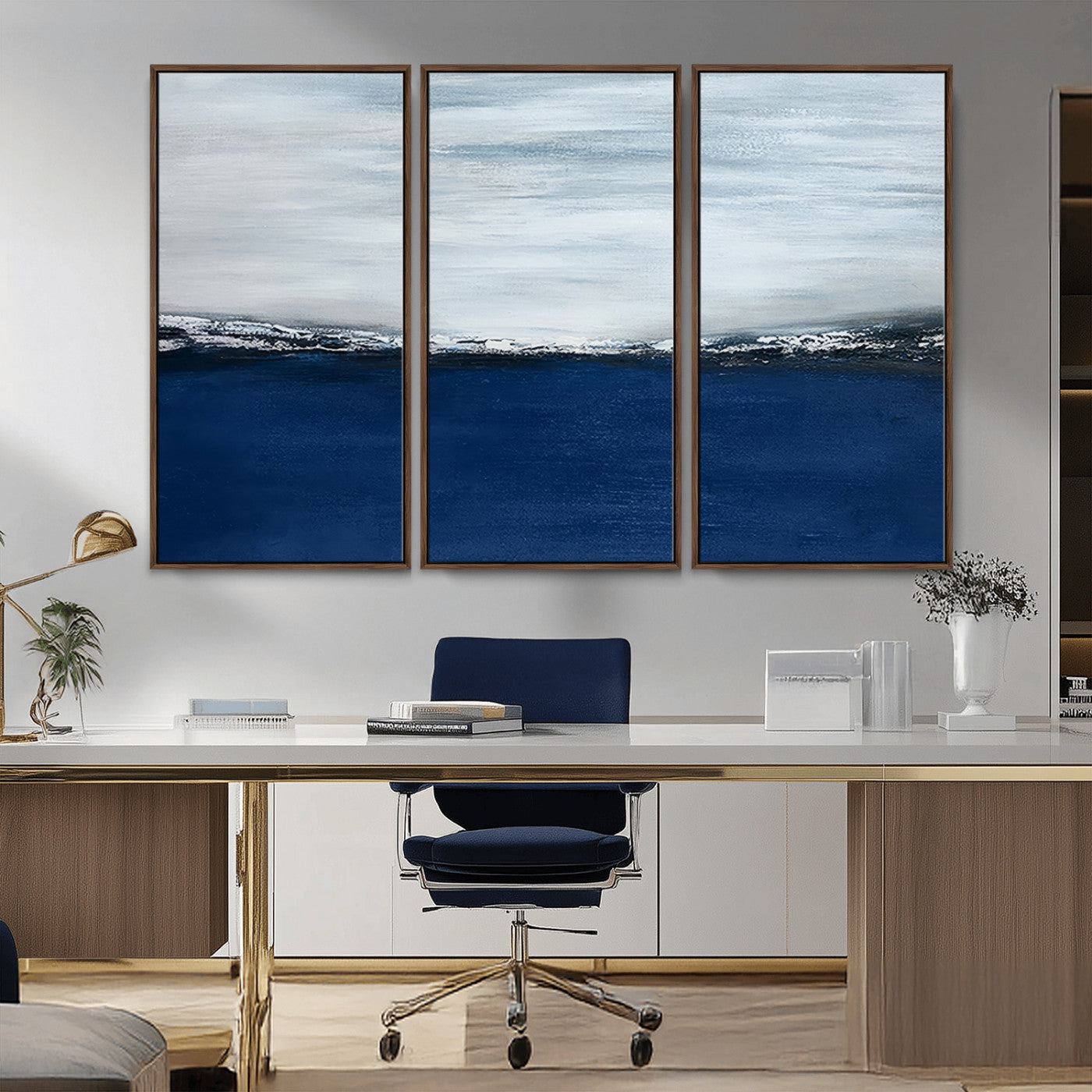 62197-MGV-CV-36X24-Abstract Ocean Wall Art – Minimalist Blue and White Canvas Print, Modern Coastal Seascape Painting for Bedroom, Living Room or