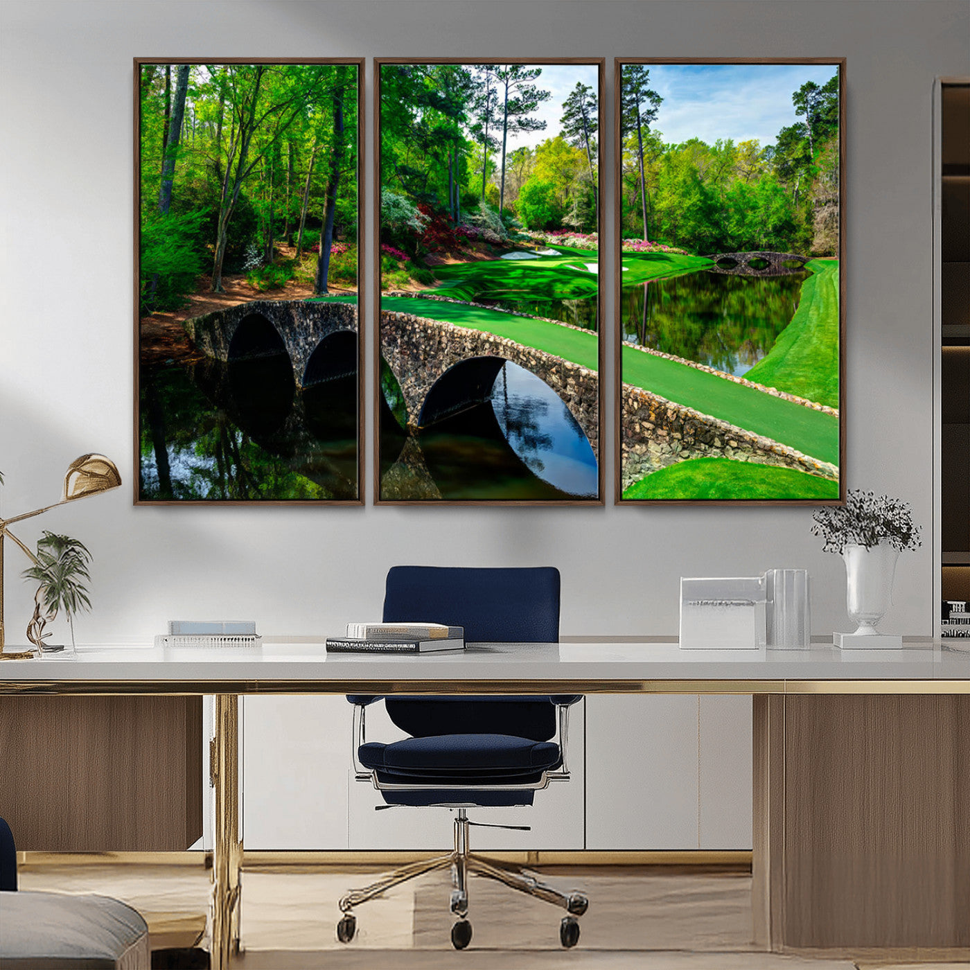 57655-MGV-CV-36X24-Golf Course Wall Art – Canvas Print Scenic Green Fairway Stone Bridge Water Reflection Landscape, Classic Sports Decor for Office,