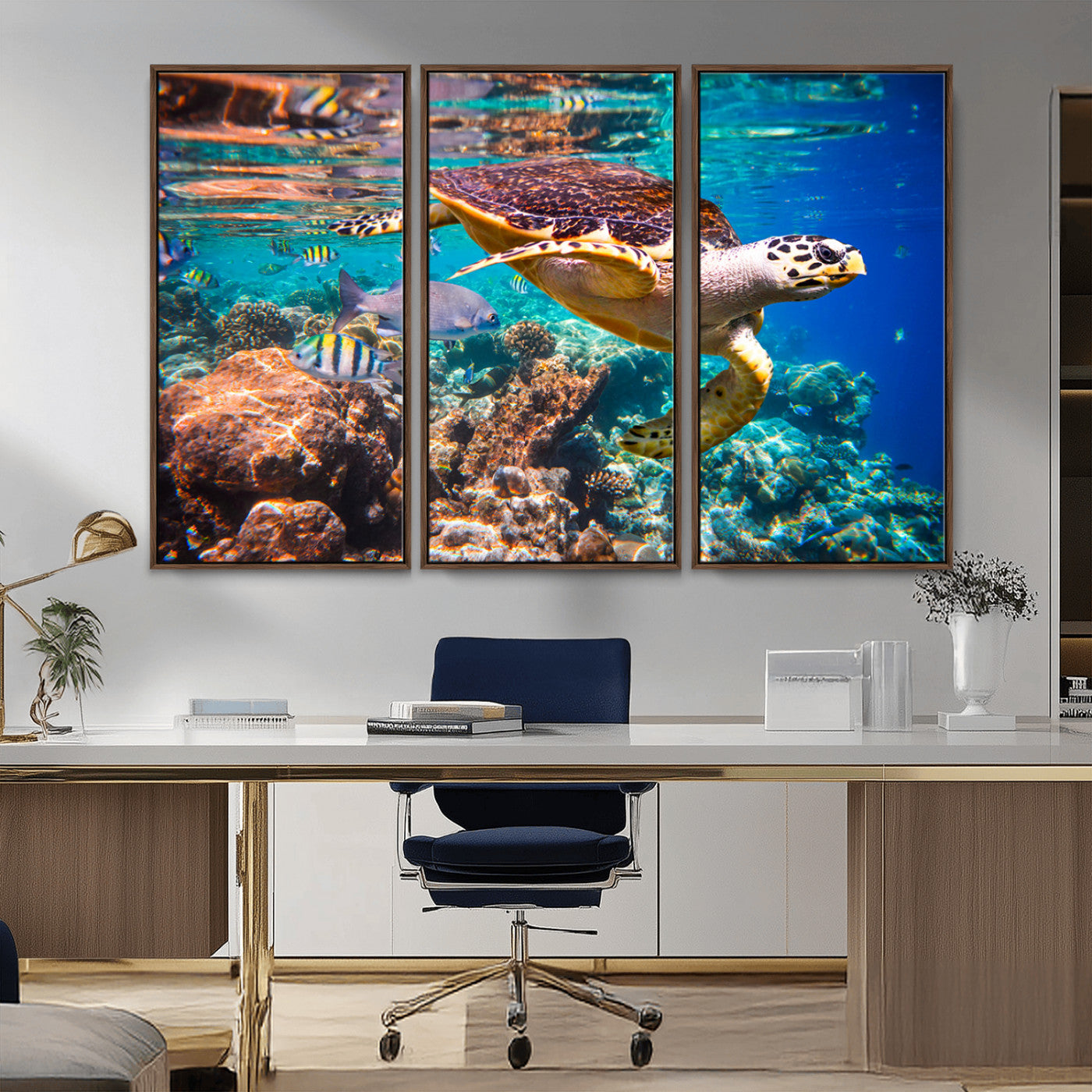 66614-MGV-CV-36X24-Sea Turtle Wall Art – Hawksbill Turtle Swimming Over Coral Reef Canvas Print, Ocean Marine Life Decor for Beach House, Coastal