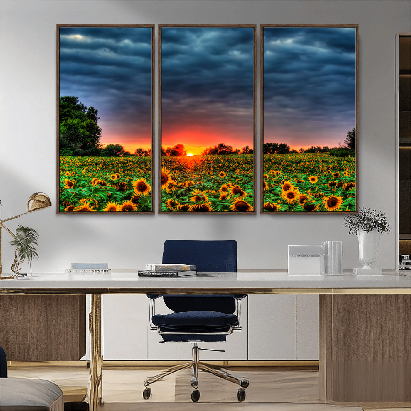 45045-MGV-CV-36X24-Sunflower Field Sunset Wall Art – Dramatic Stormy Sky Landscape Print, Vibrant Yellow Floral Nature Canvas for Living Room,