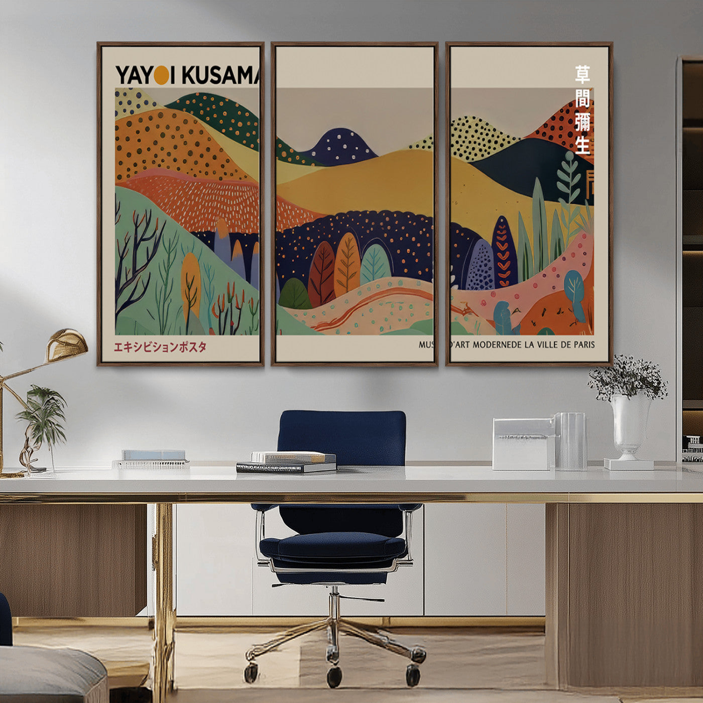 11242-MGV-FC-48X32-3P_Walnut-Kusama Wall Art – Abstract Colorful Hills Canvas Print, Modern Japanese Inspired Landscape Poster for Living Room, Office or