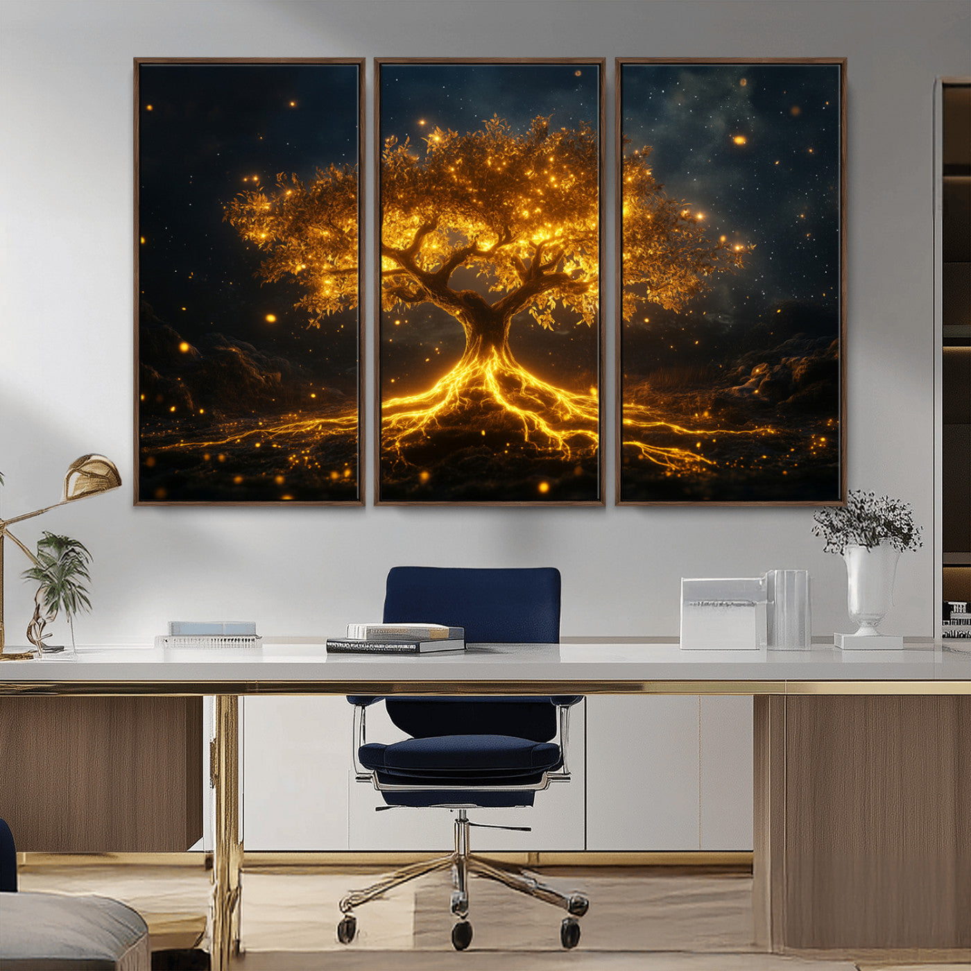 60194-MGV-CV-36X24-Glowing Tree Wall Art – Golden Roots Fantasy Canvas Print, Mystical Illuminated Tree Painting Poster for Living Room, Bedroom,