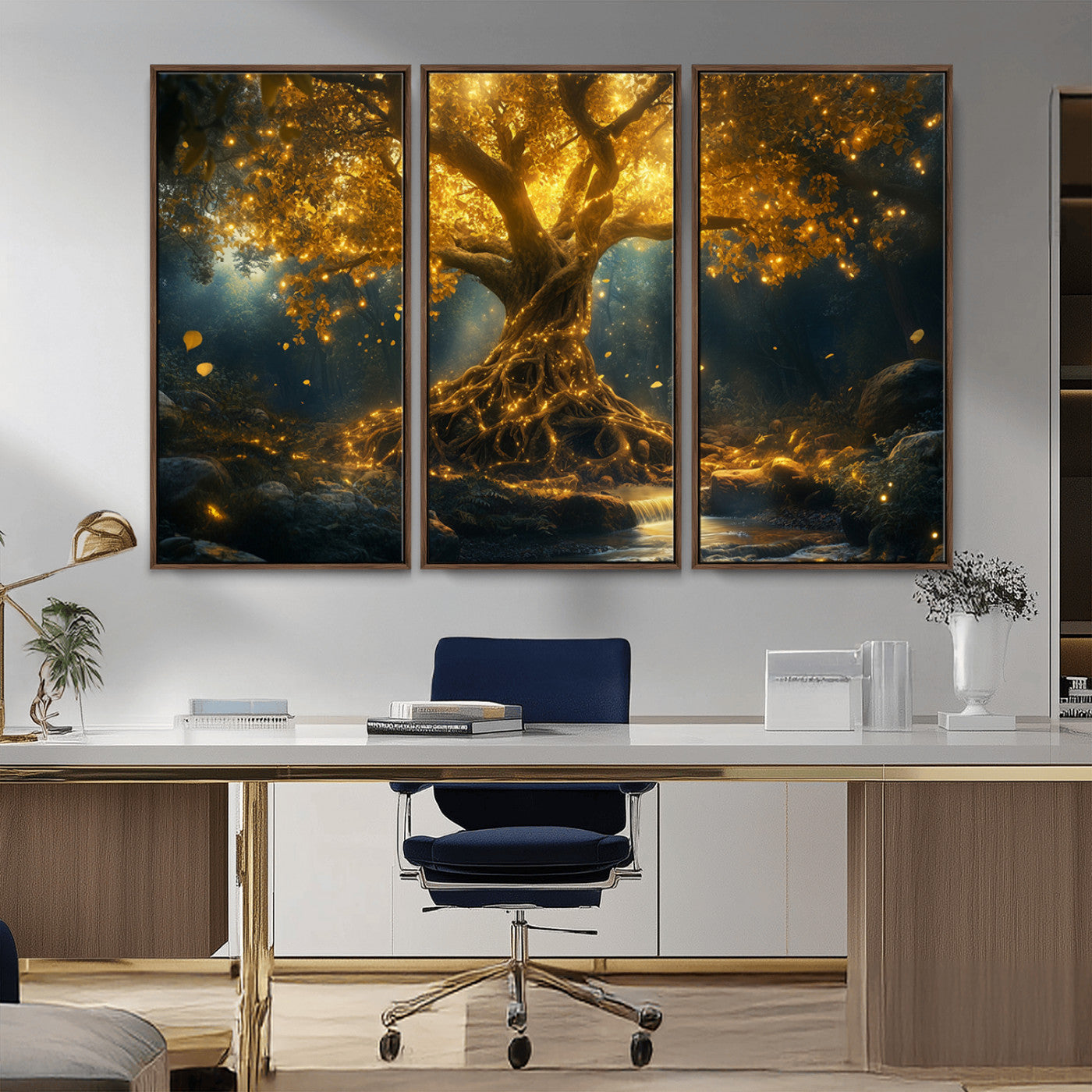 92739-MGV-CV-36X24-Glowing Tree Wall Art – Enchanted Golden Forest Canvas Print, Mystical Illuminated Nature Painting Poster for Living Room,