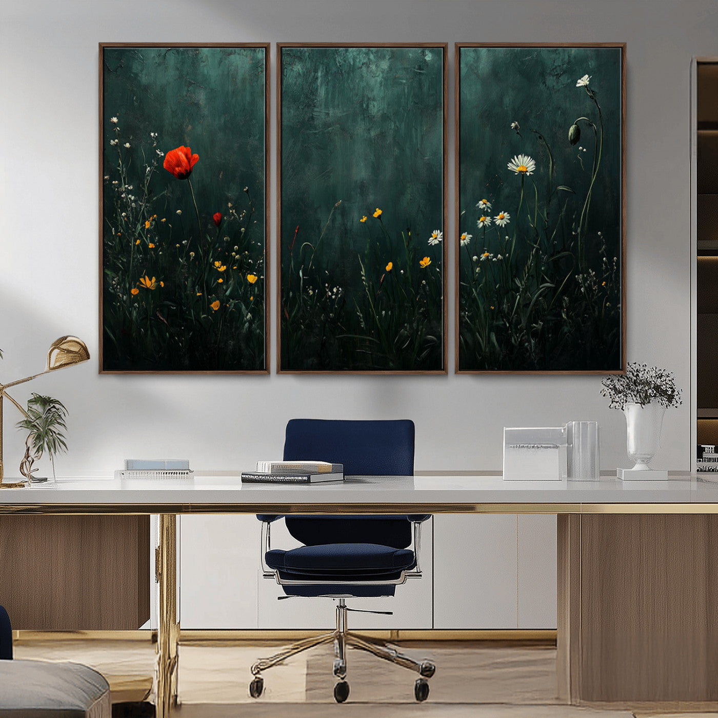 26218-MGV-CV-36X24-Wildflower Wall Art – Dark Botanical Floral Canvas Print, Modern Nature Painting Poster with Daisy Poppy Yellow Flowers for Living